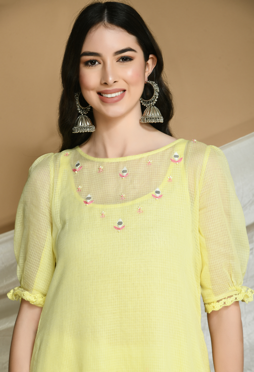 Yellow Kota Doria Kurta and cotton Pants