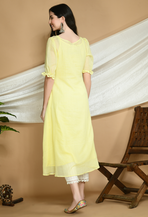 Yellow Kota Doria Kurta and cotton Pants