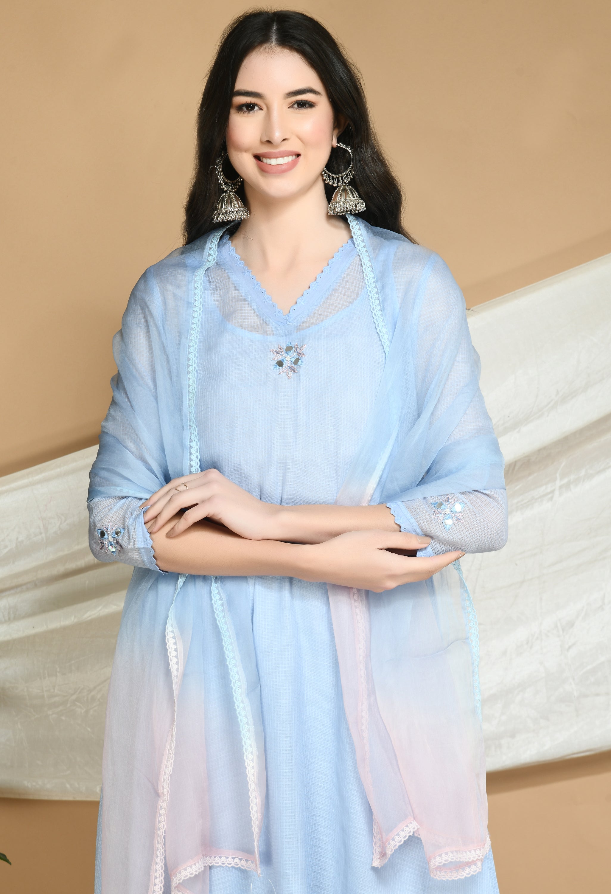 Frost Blue Kota Doria Kurta and cotton Pants Set