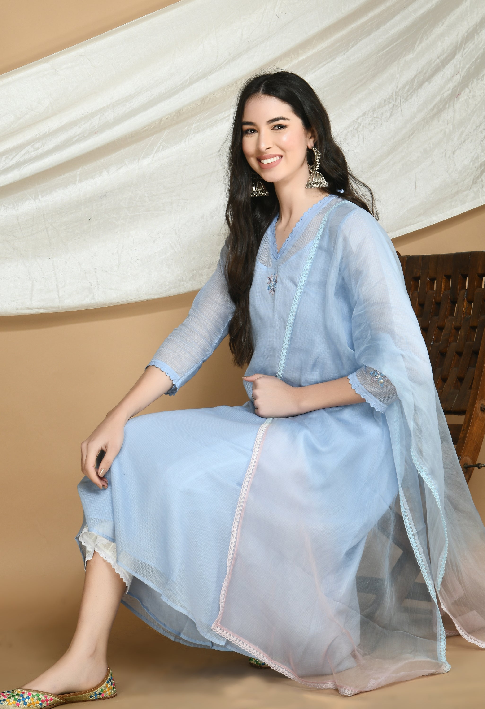 Frost Blue Kota Doria Kurta and cotton Pants Set