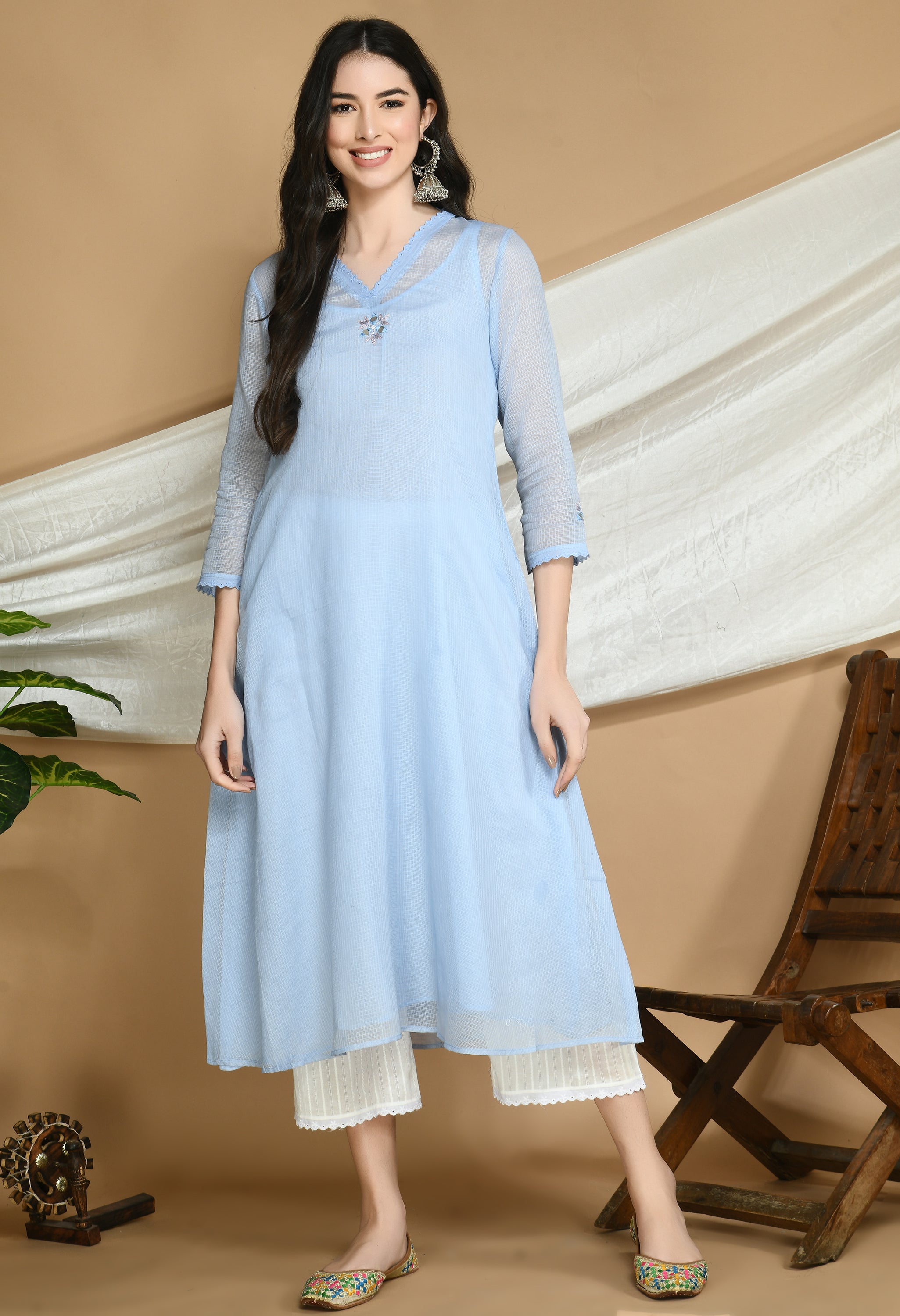 Frost Blue Kota Doria Kurta and cotton Pants Set