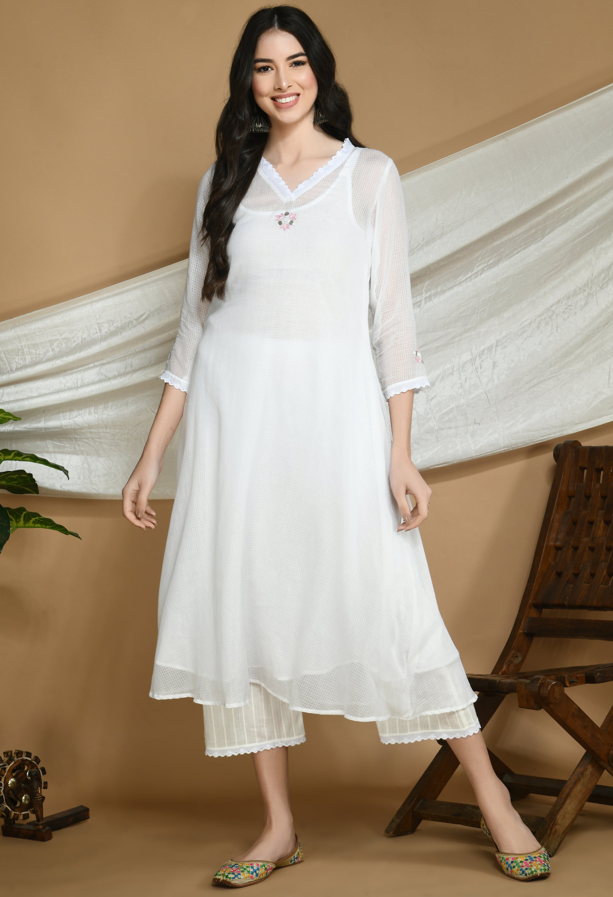 White Kota Doria Kurta and cotton Pants Set