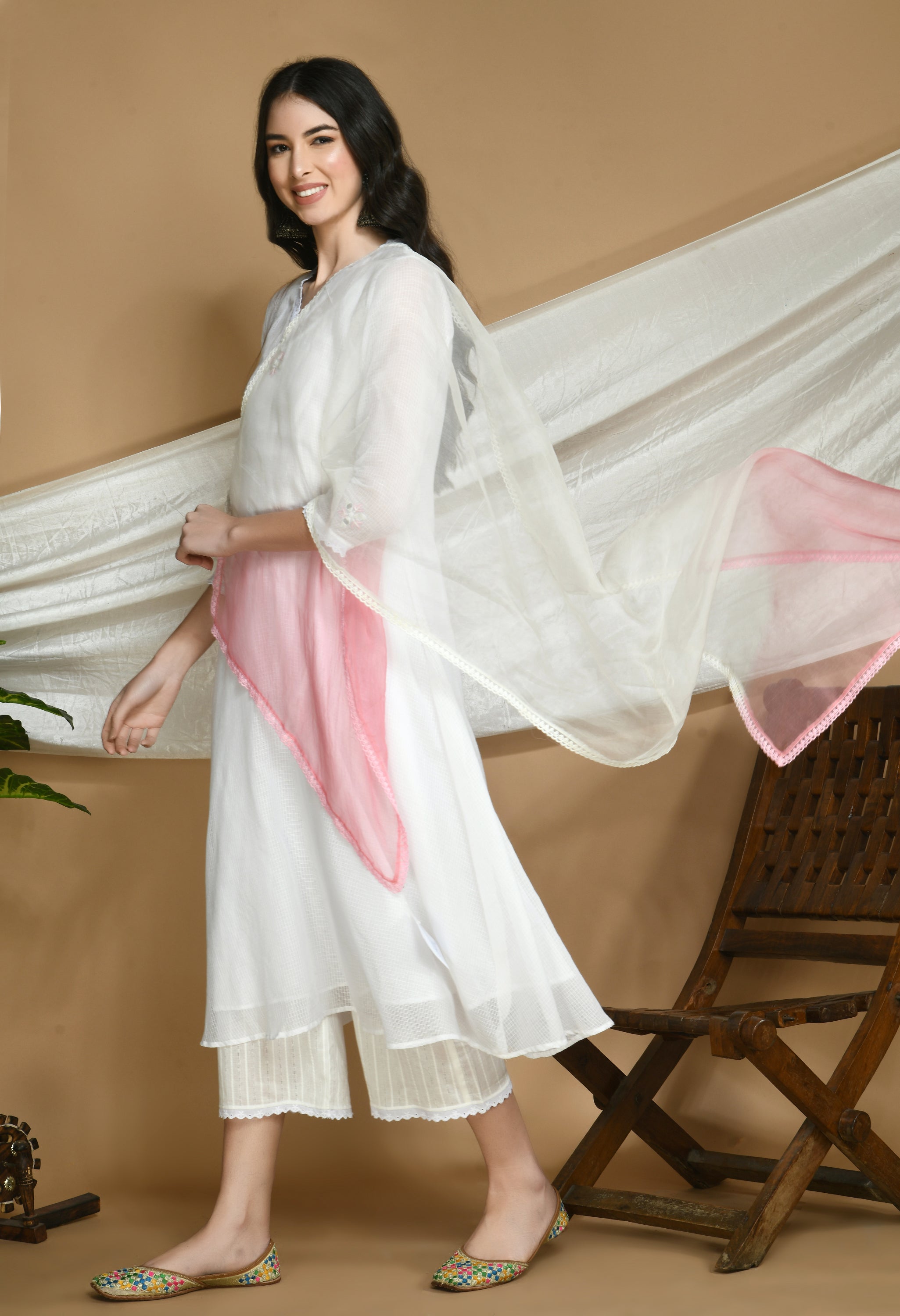 White Kota Doria Kurta and cotton Pants Set