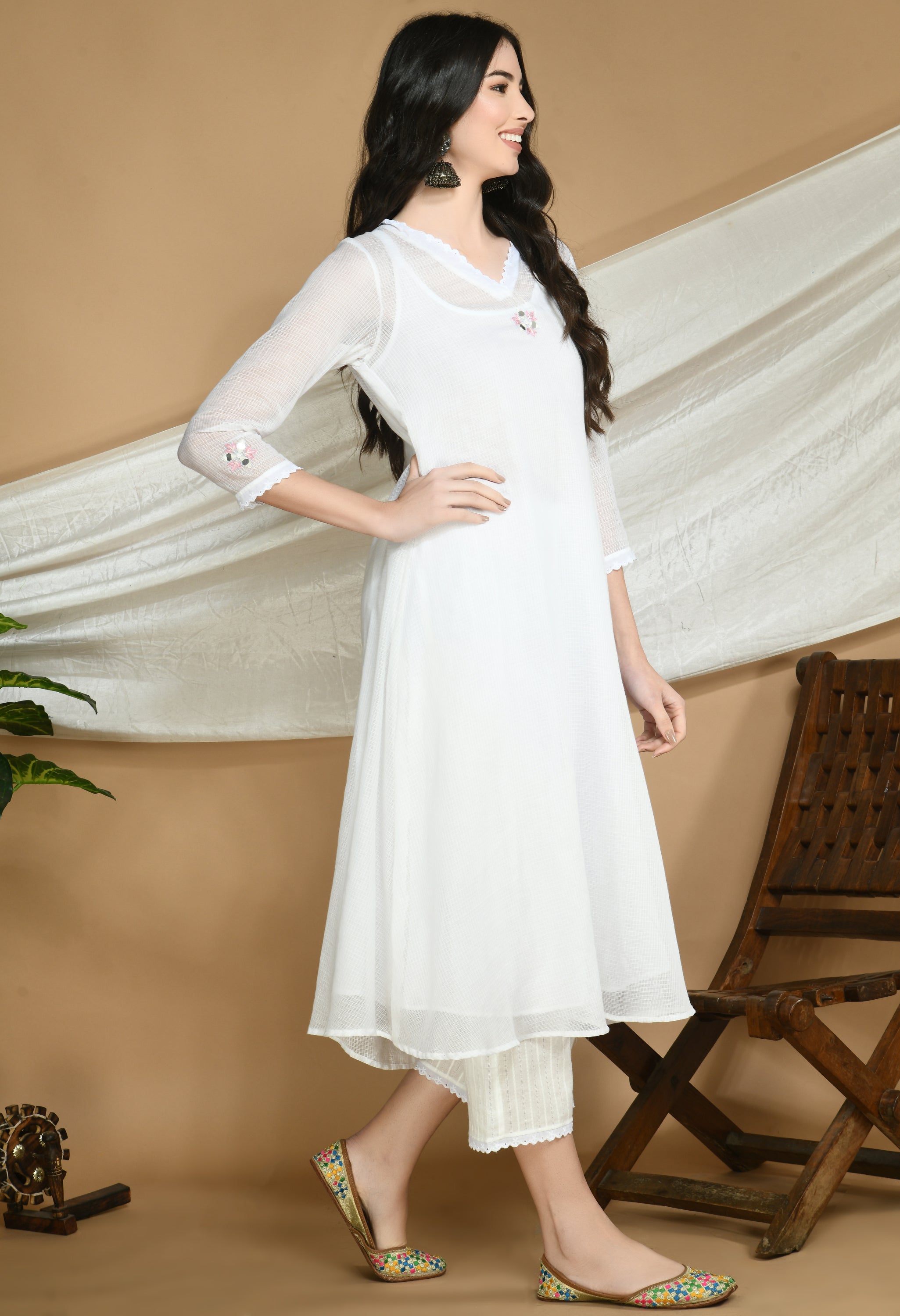 White Kota Doria Kurta and cotton Pants Set