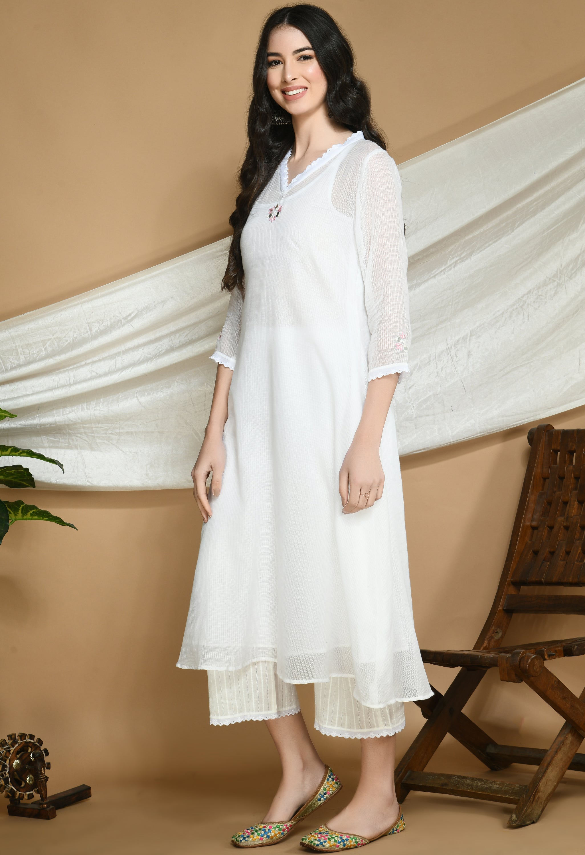 White Kota Doria Kurta and cotton Pants Set