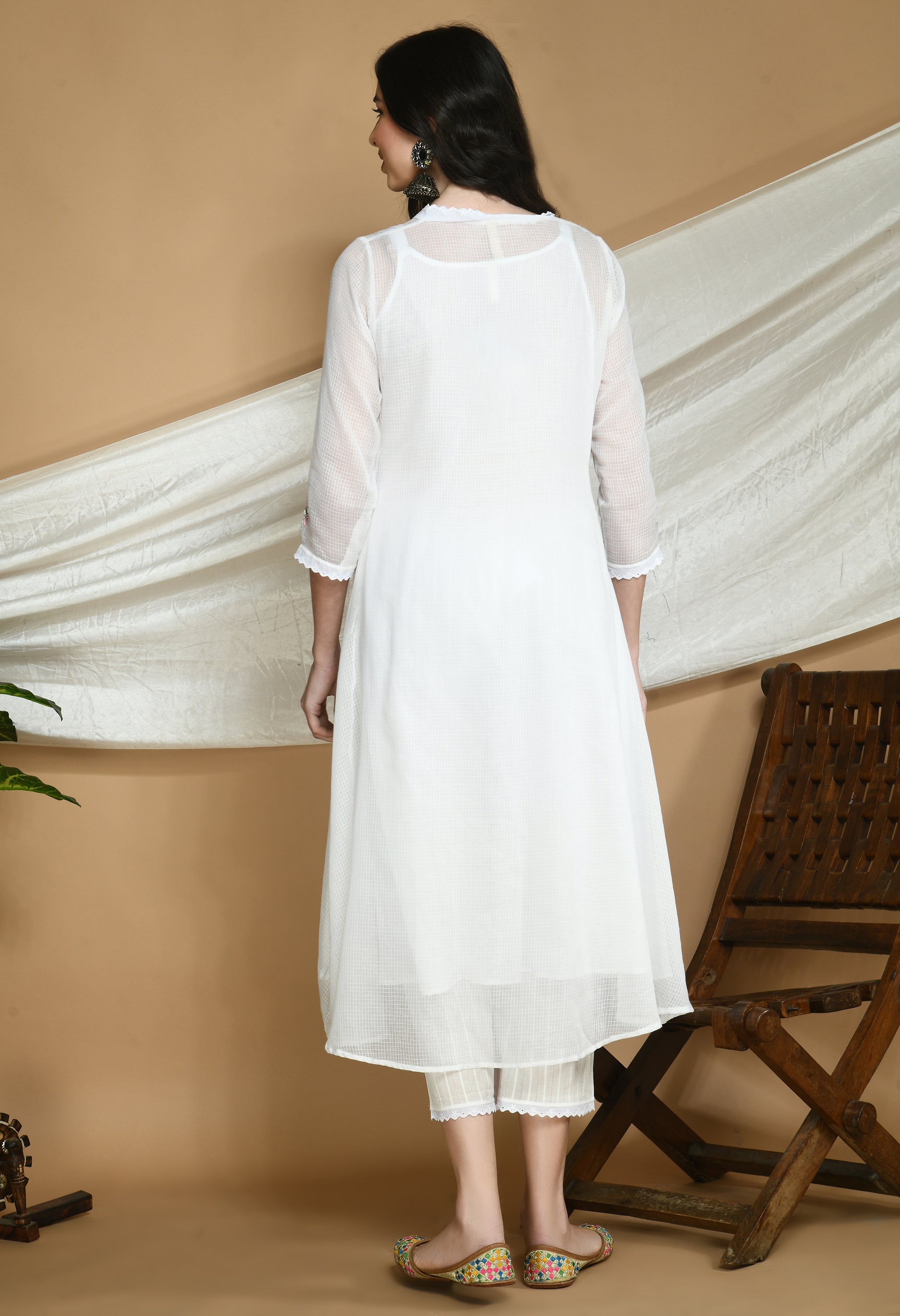 White Kota Doria Kurta and cotton Pants Set