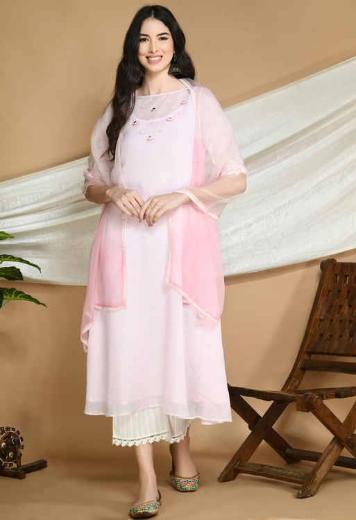Powder Pink Kota Doria Kurta and cotton Pants Set