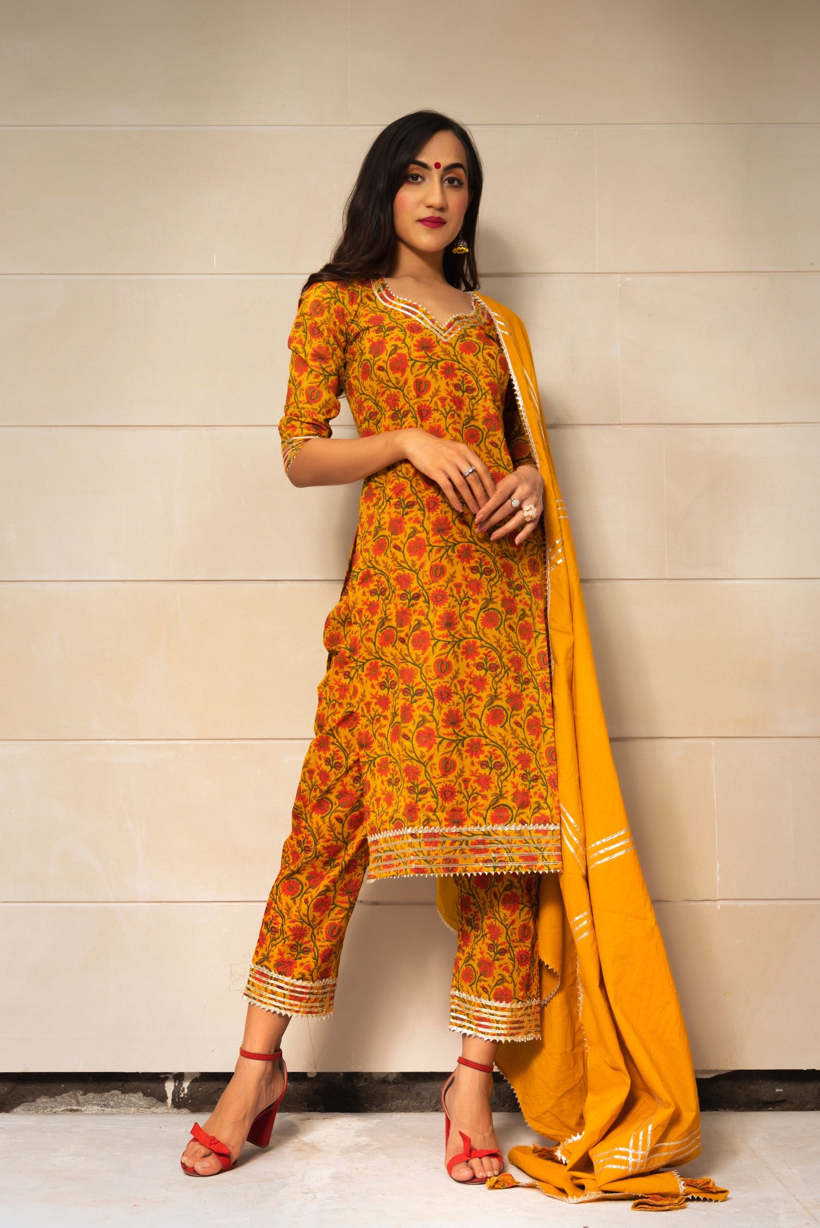 MUSTARD YELLOW HAND BLOCK PRINT KURTA SET