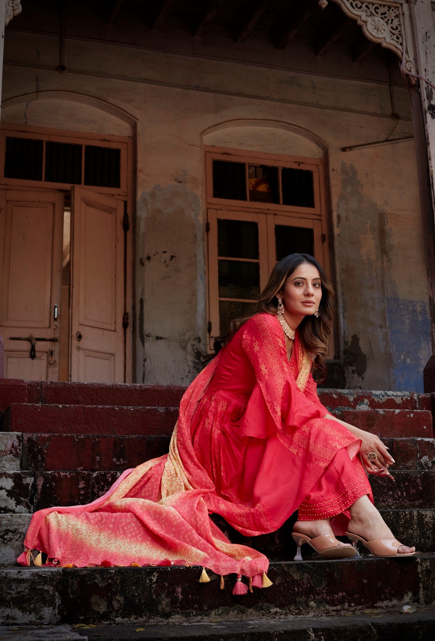 Pink ikat pleated kurta set with bead work