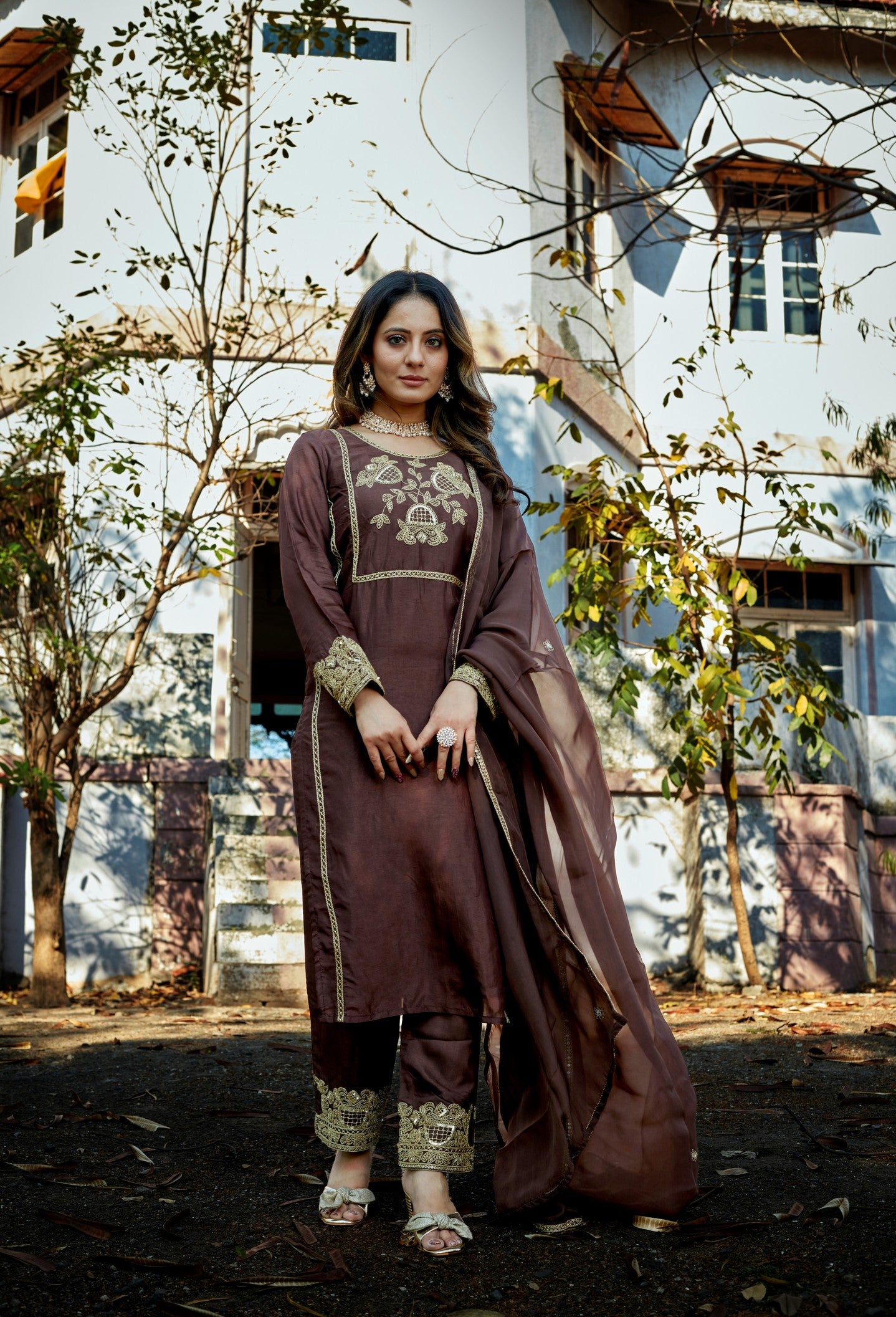 Brown silk dori work suit with organza dupatta