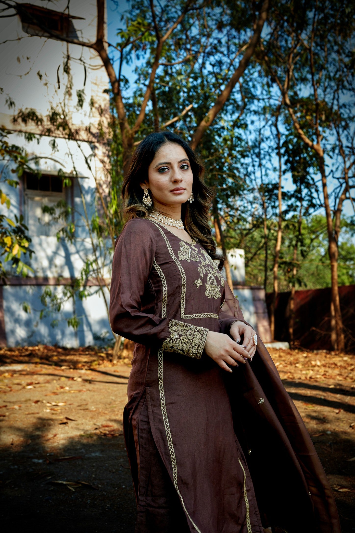 Brown silk dori work suit with organza dupatta