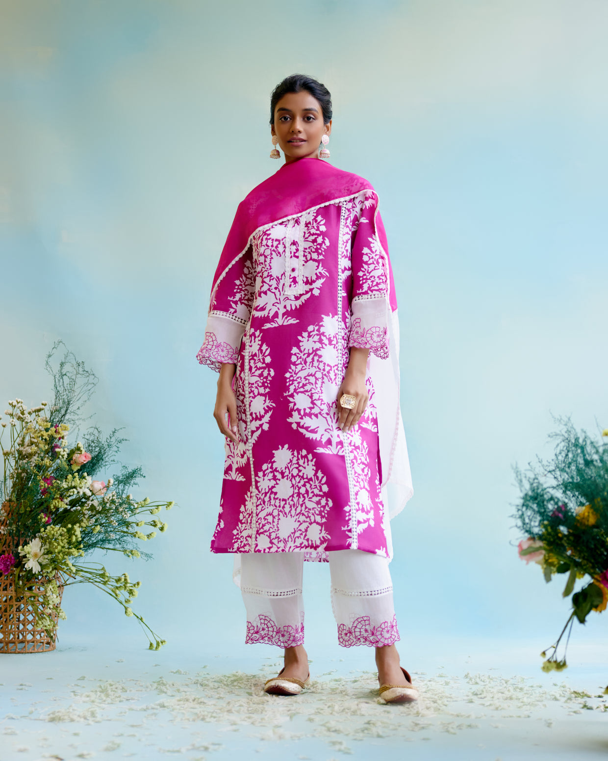 Cranberry Floral Organza Dupatta with lace detailing