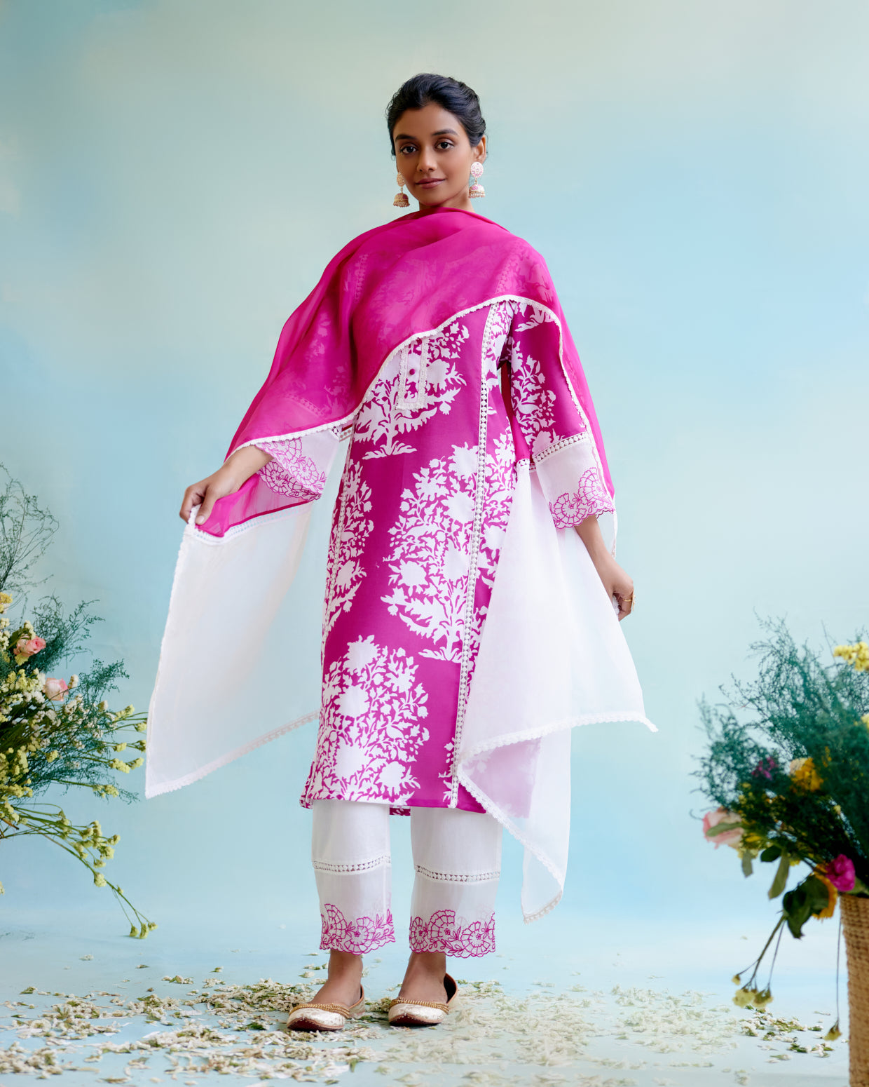 Cranberry Floral Organza Dupatta with lace detailing