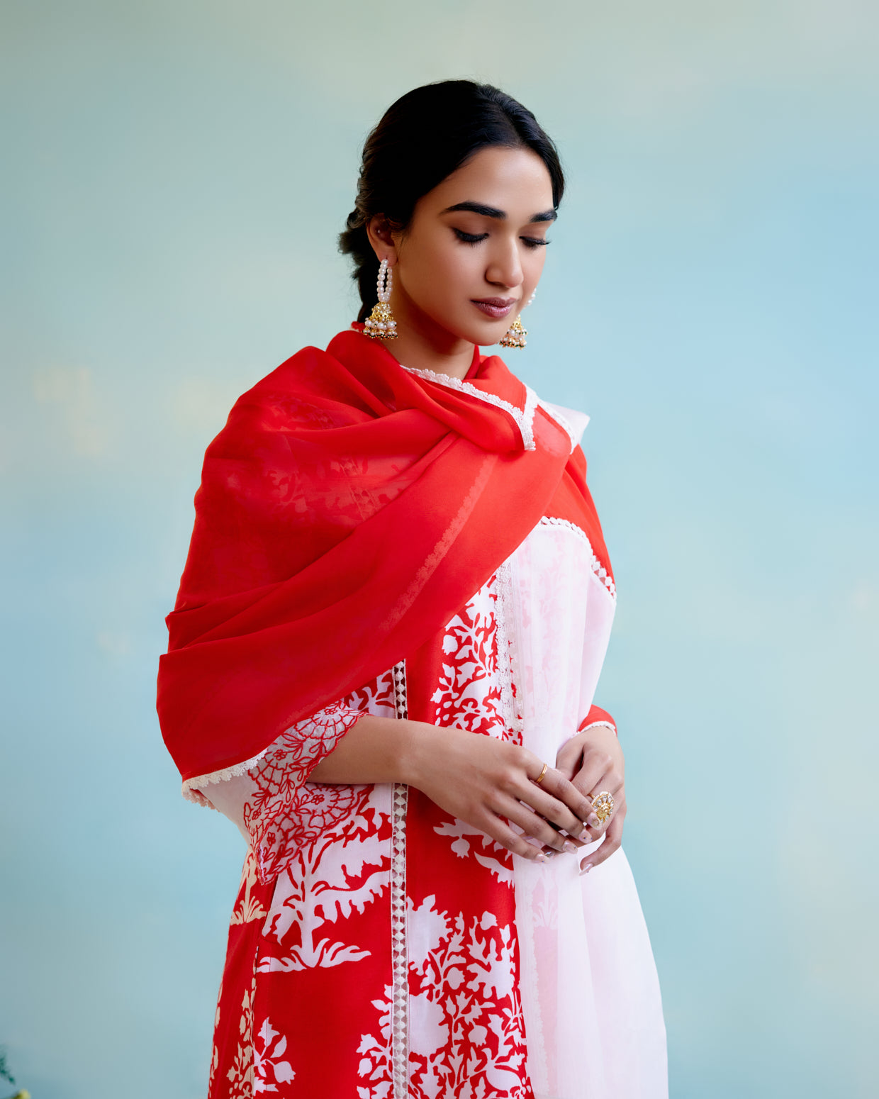 Hibiscus Red Organza Dupatta with lace detailing