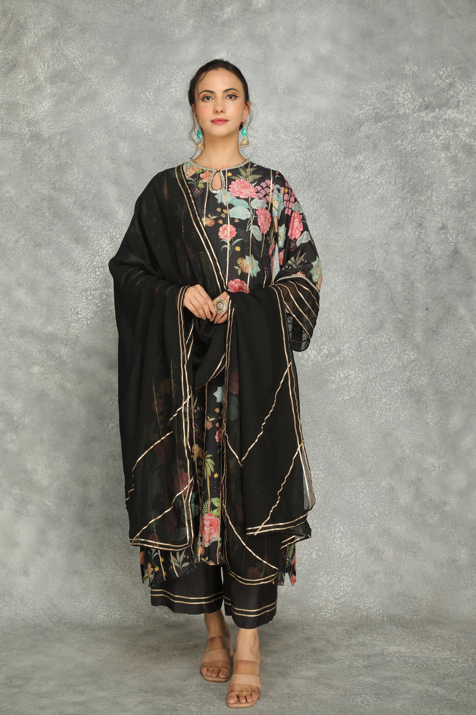 Black Printed Kurta with Pants and Dupatta Set of 3