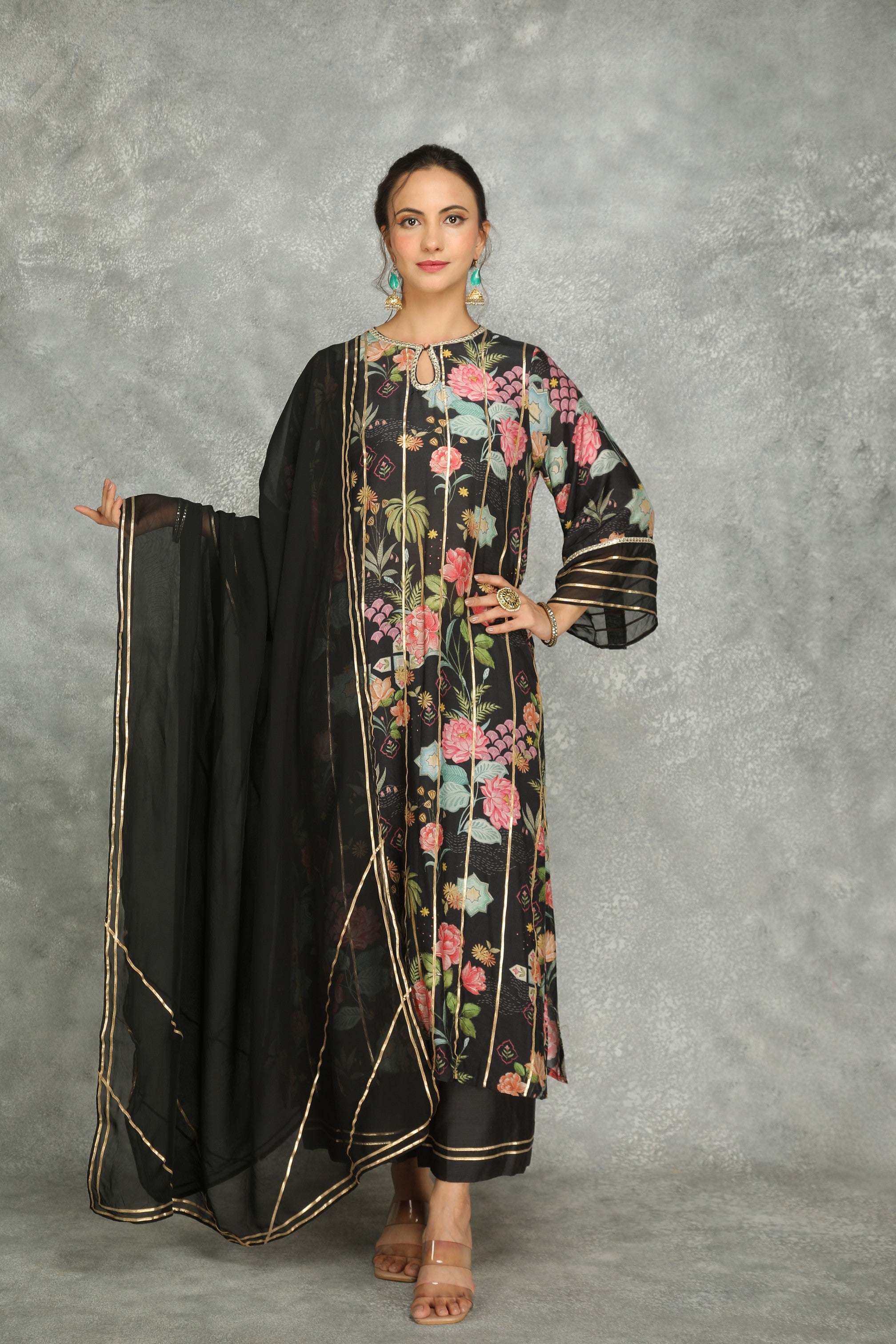 Black Printed Kurta with Pants and Dupatta Set of 3