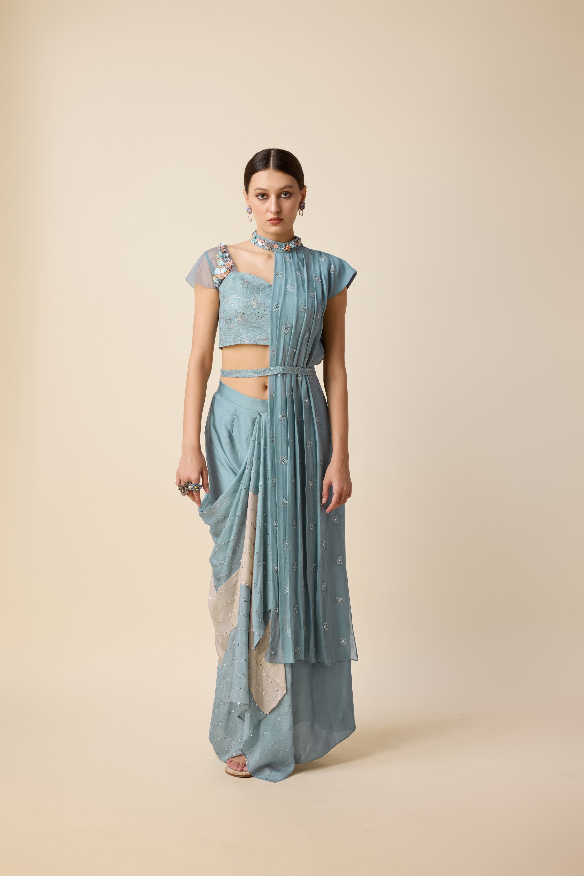 FUSION SAREE LOOK WITH DRAPE SKIRT AND ONE SIDED SHRUG.