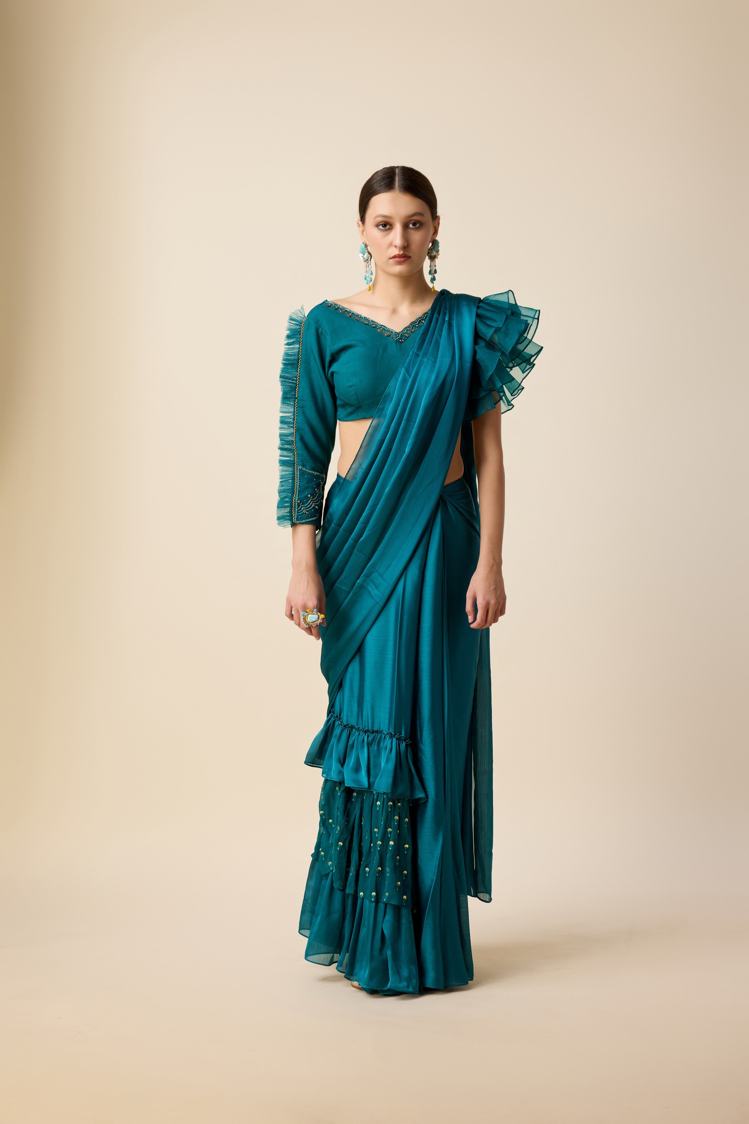 TEAL SAREE WITH FULL SLEEVE BLOUSE