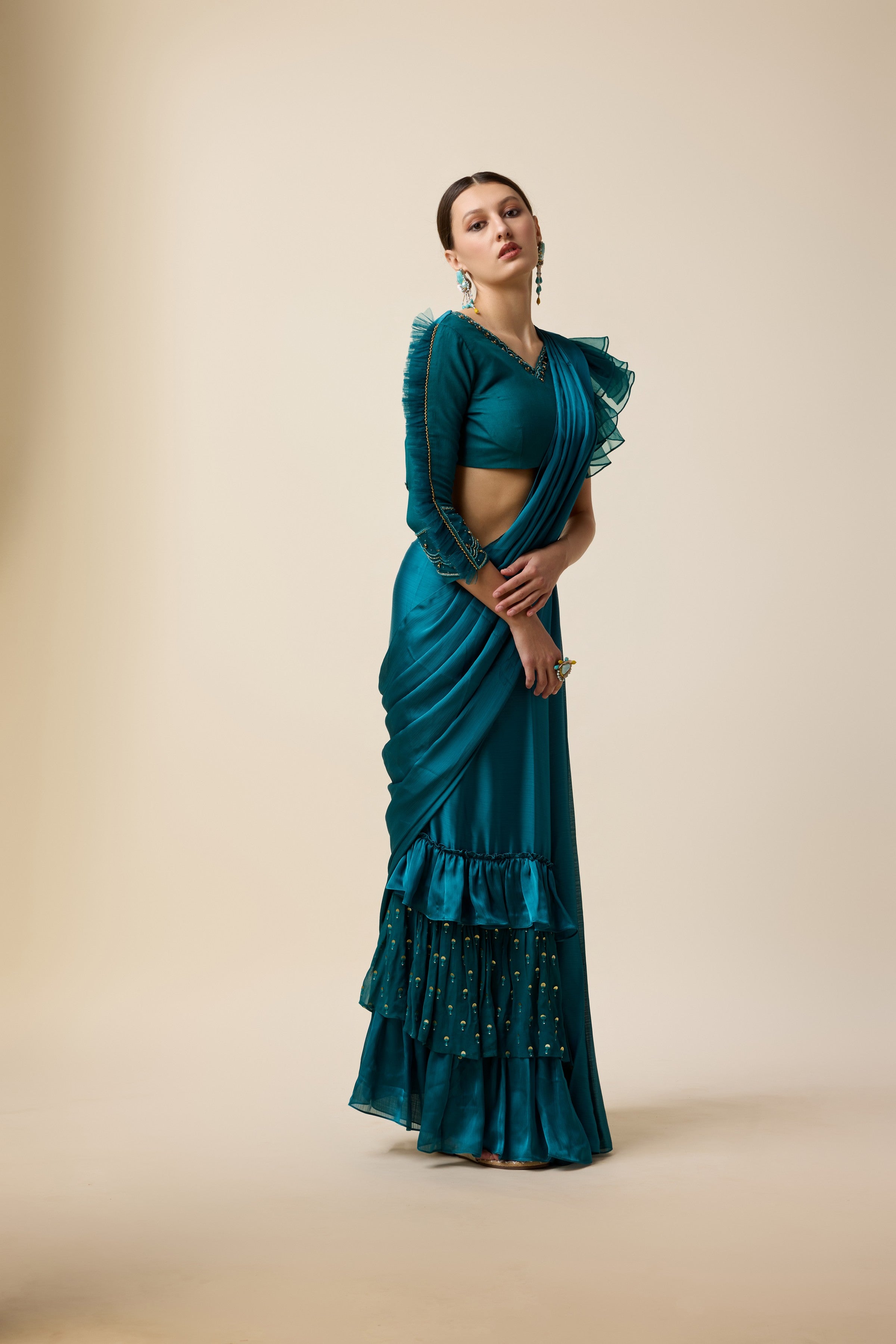 TEAL SAREE WITH FULL SLEEVE BLOUSE