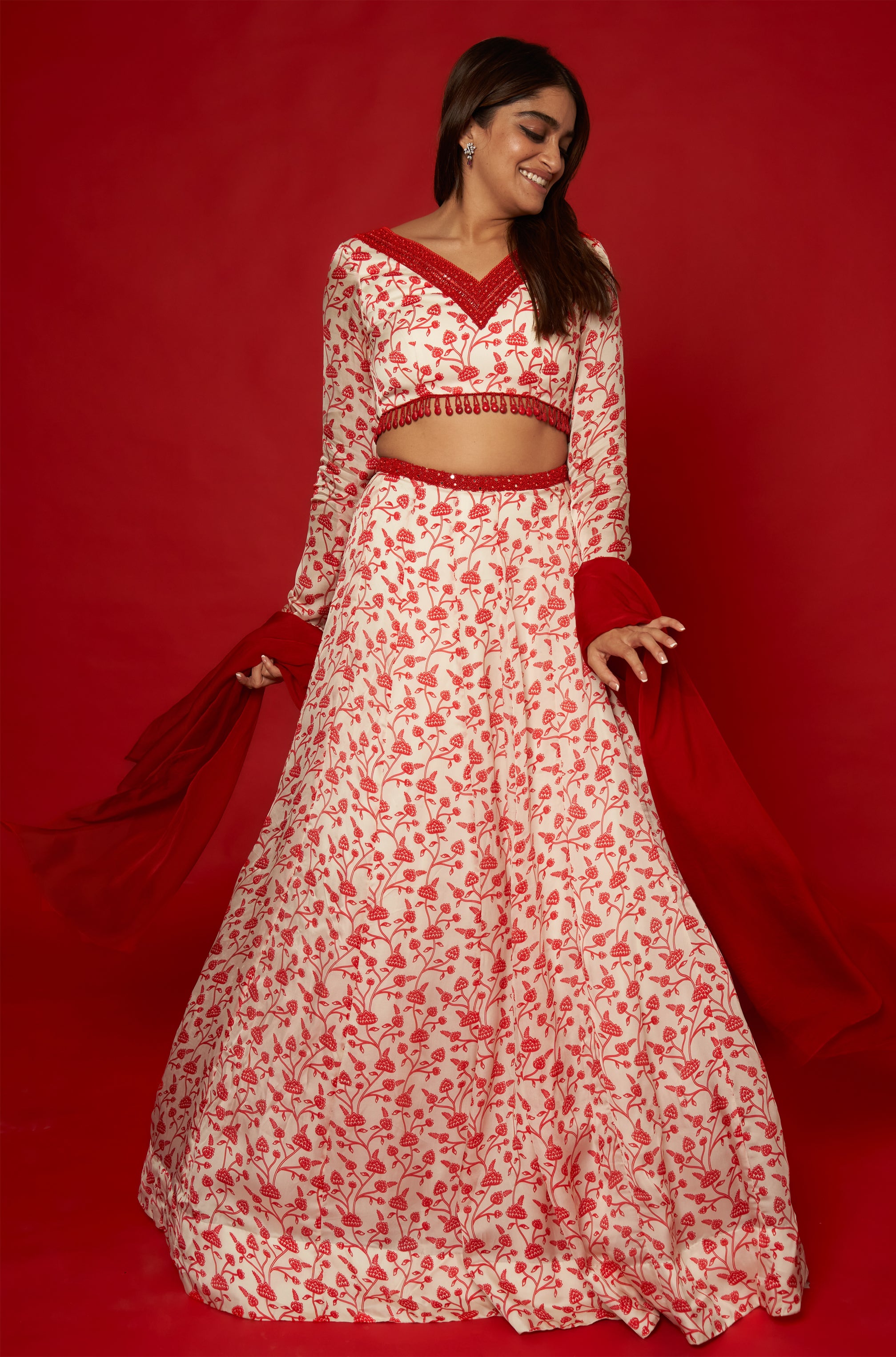 White & Red Lehenga Set