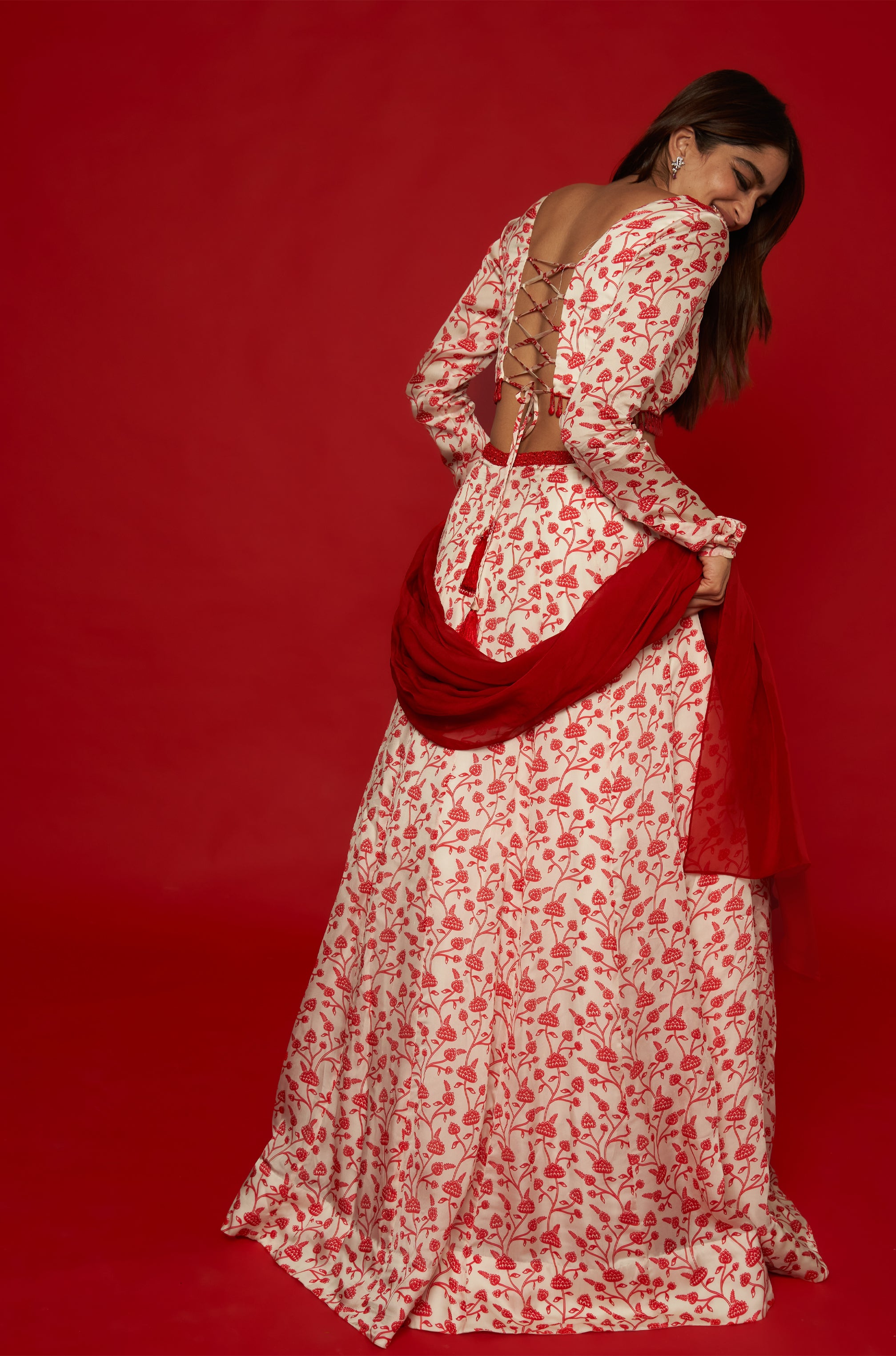 White & Red Lehenga Set