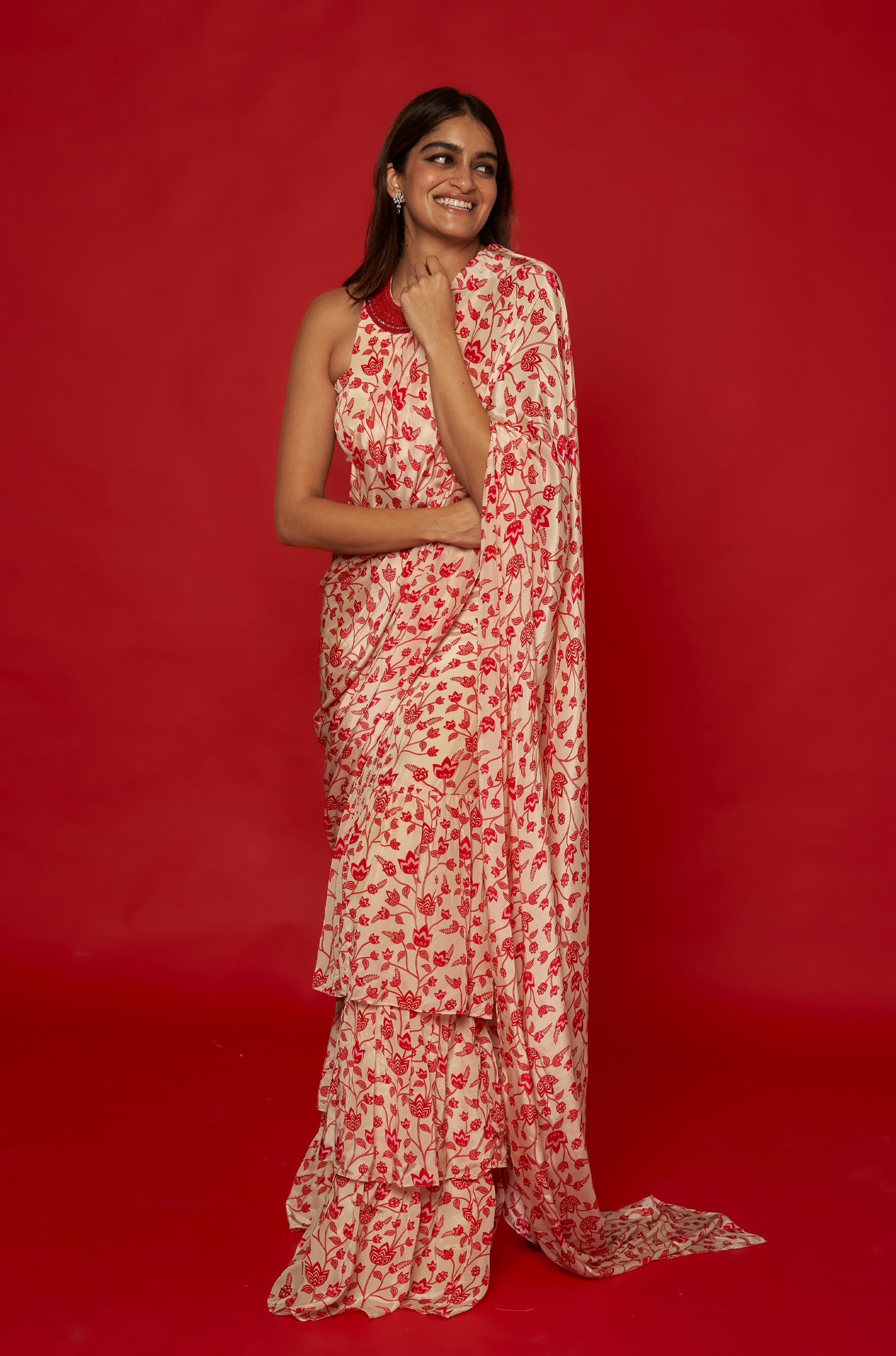 Cream & Red Ruffle Saree