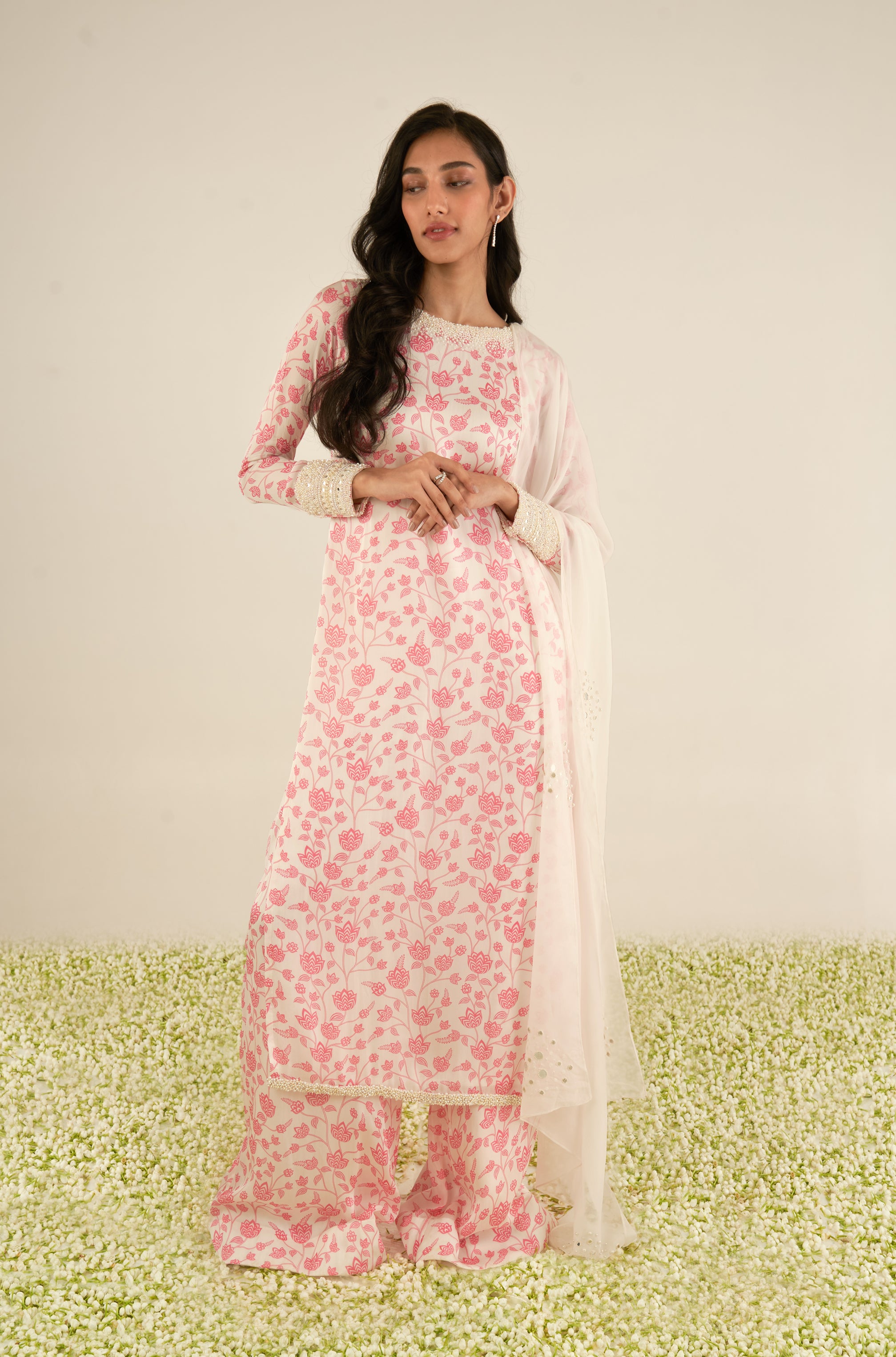 White & Pink Kurta Set