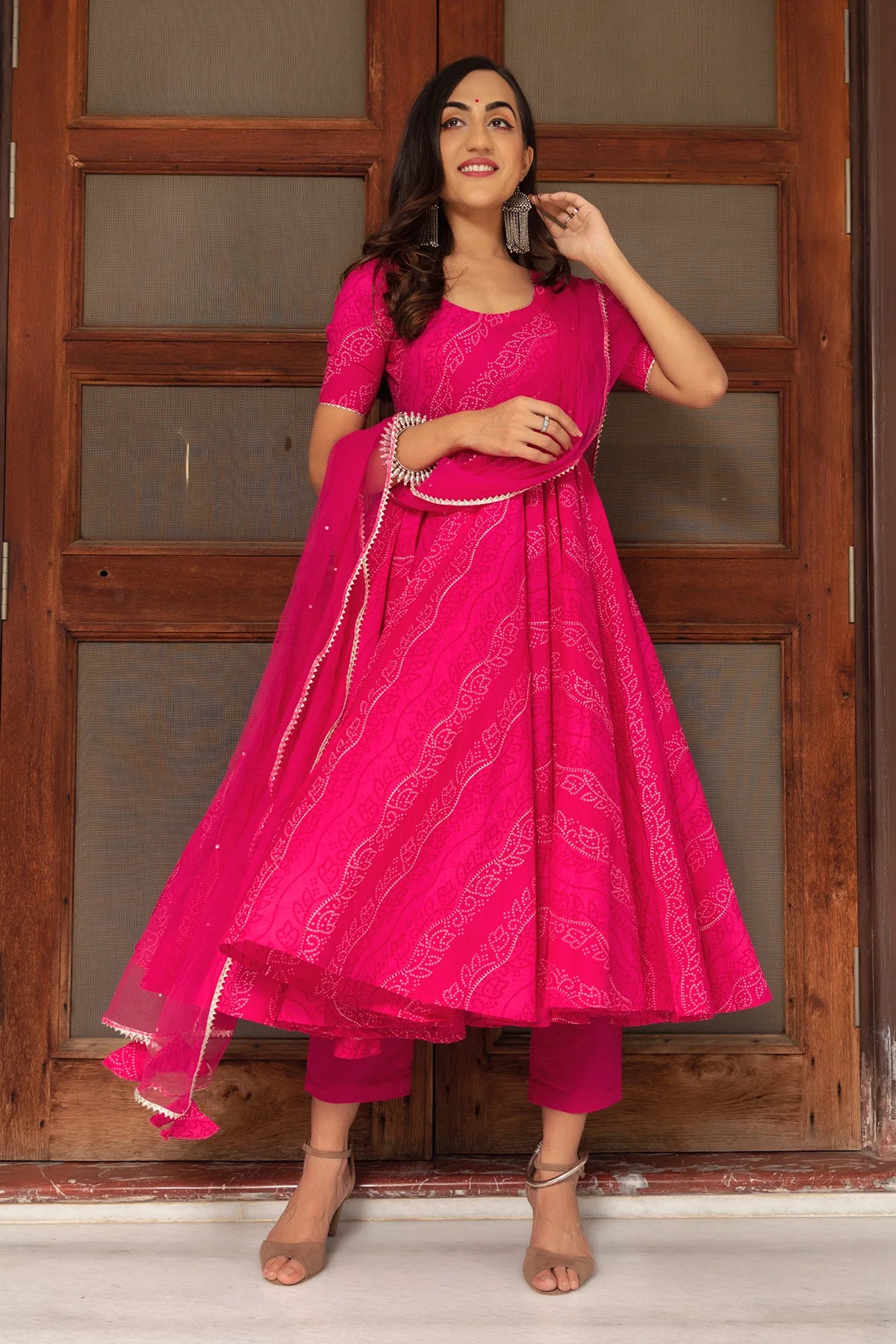 BHANDHEJ PINK COTTON ANARKALI SET