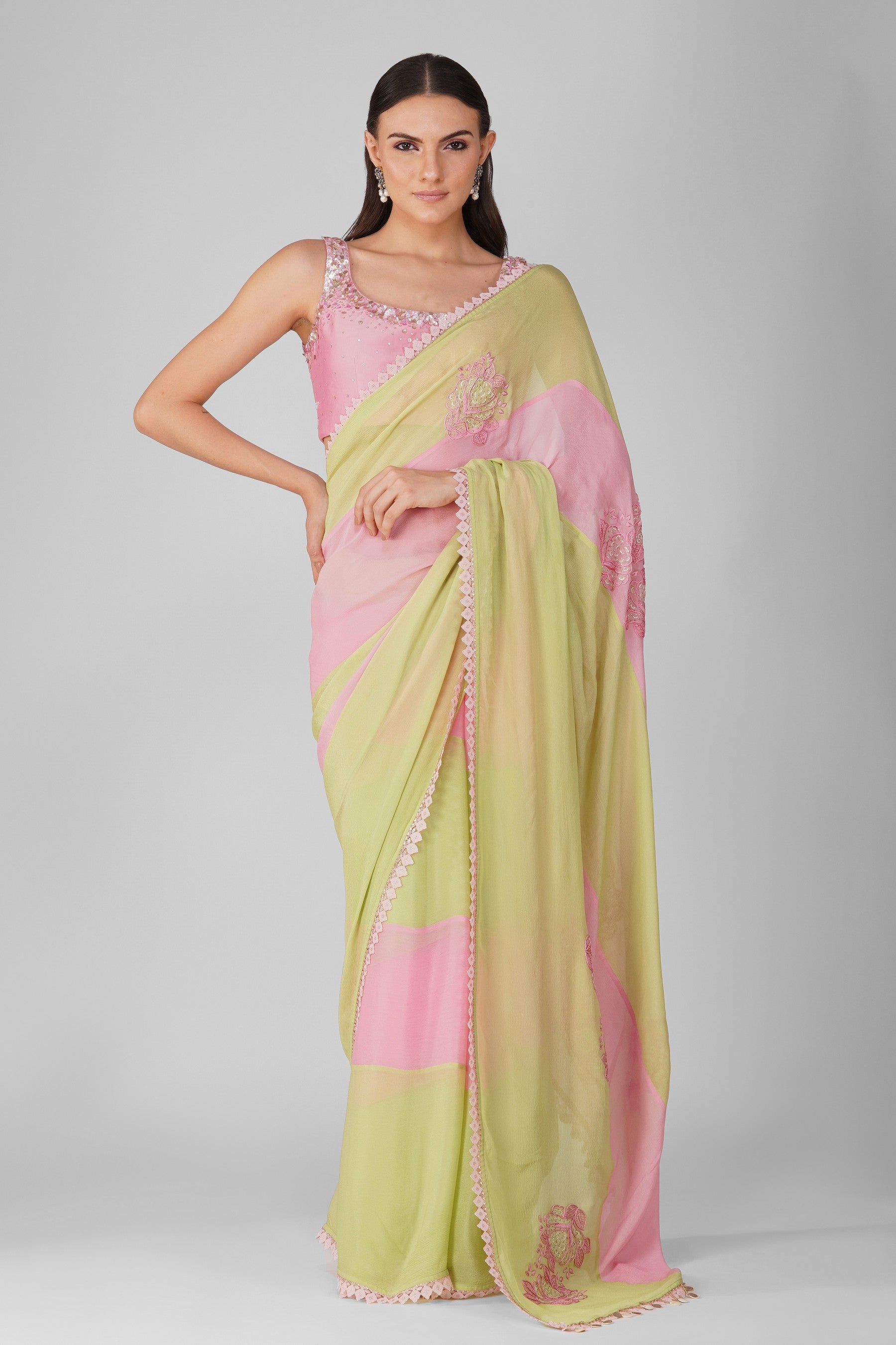 Starry Rose Striped Saree Set