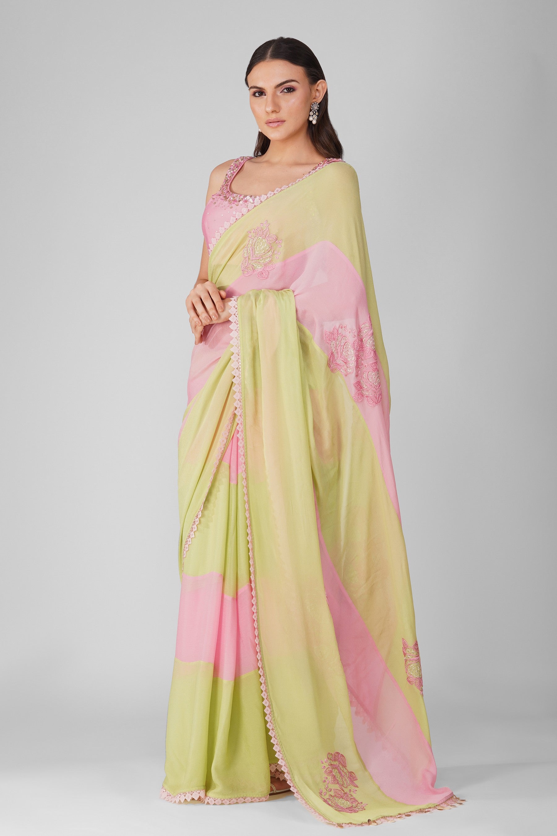 Starry Rose Striped Saree Set