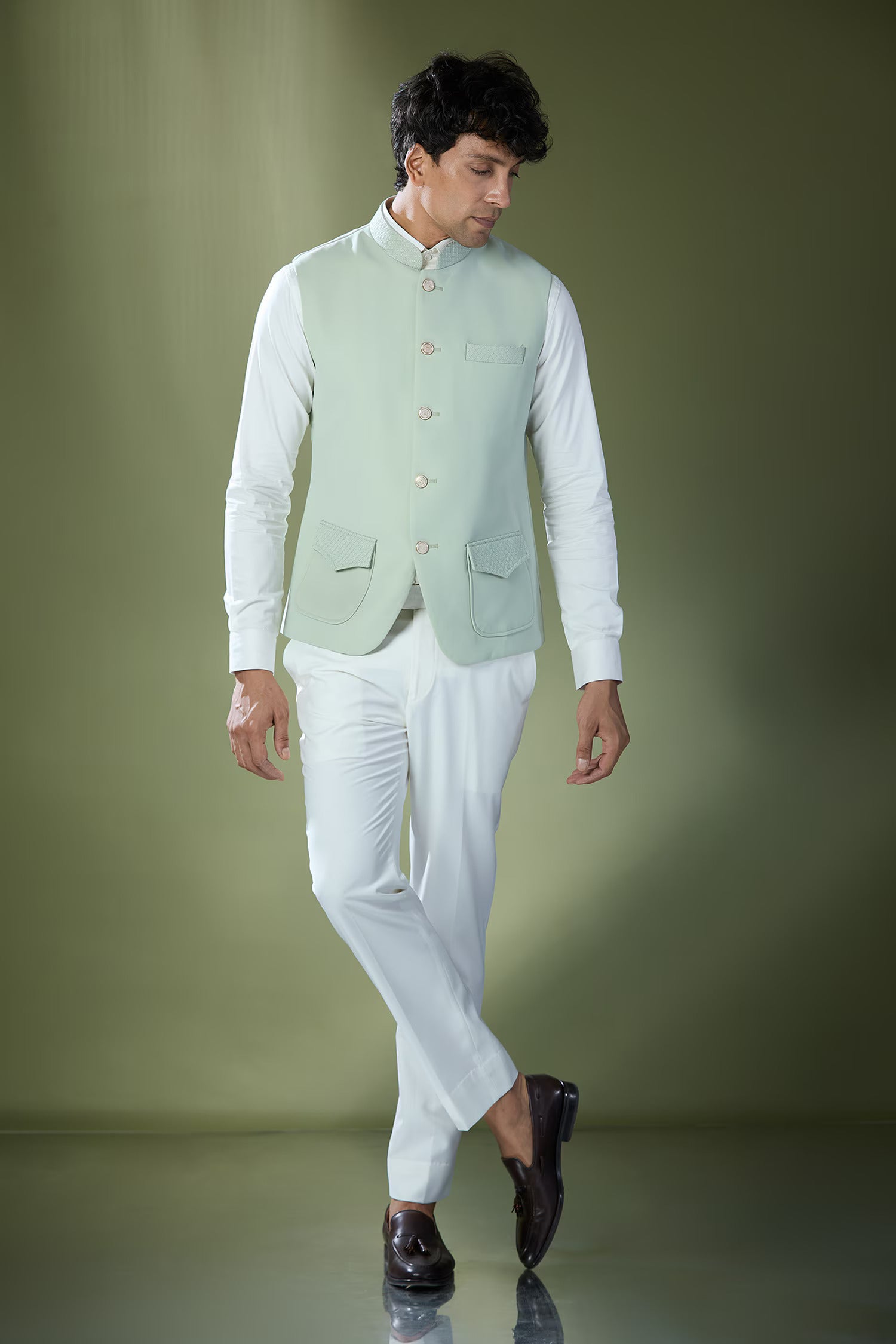 Pista Green Stitch Jacket-Shirt-Pant Set