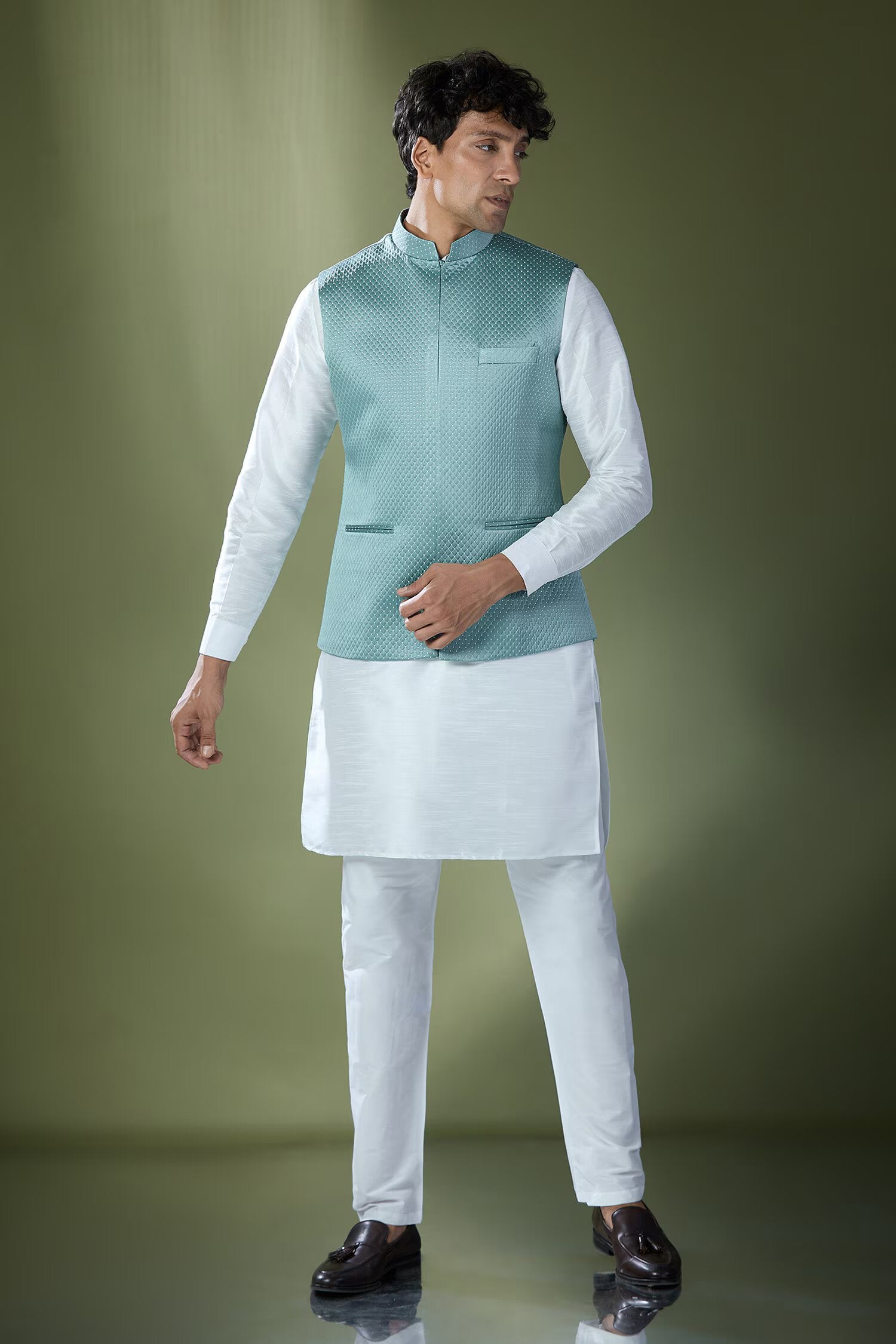 Teal Blue Quilted Kurta-Jacket Set
