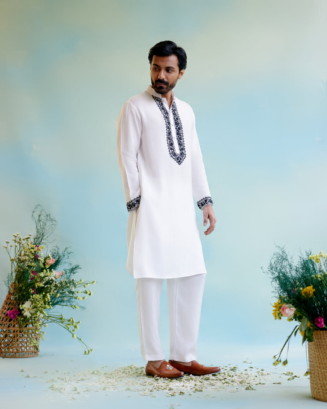 White Muslin Embroidered Kurta with Pure Cotton Narrow Pants