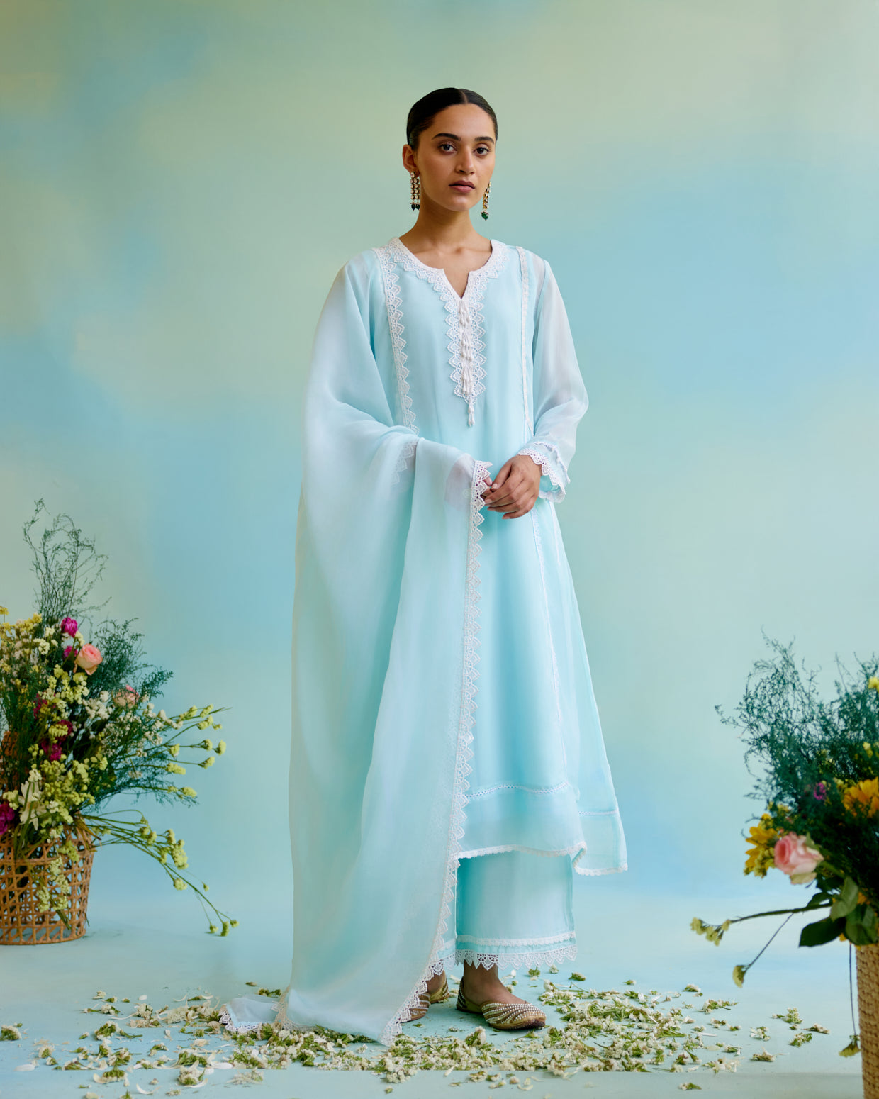 Dreamy Blue Organza Dupatta with lace detailing