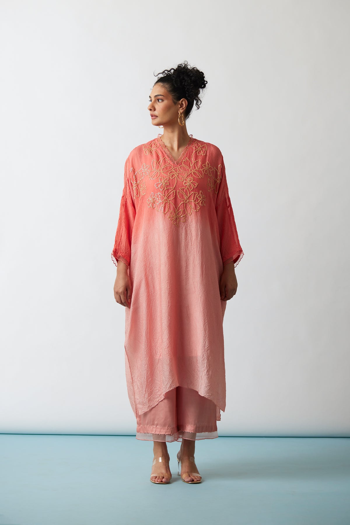 Coral Ombre Crushed silk Kaftan set