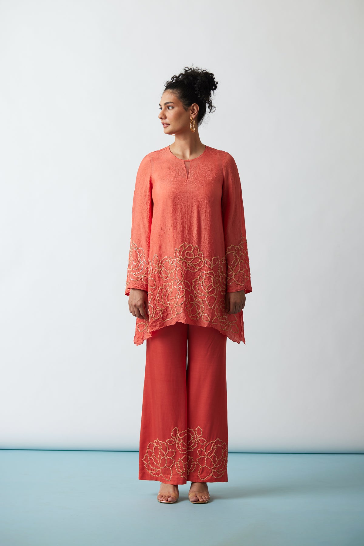 Coral Crushed silk Tunic set