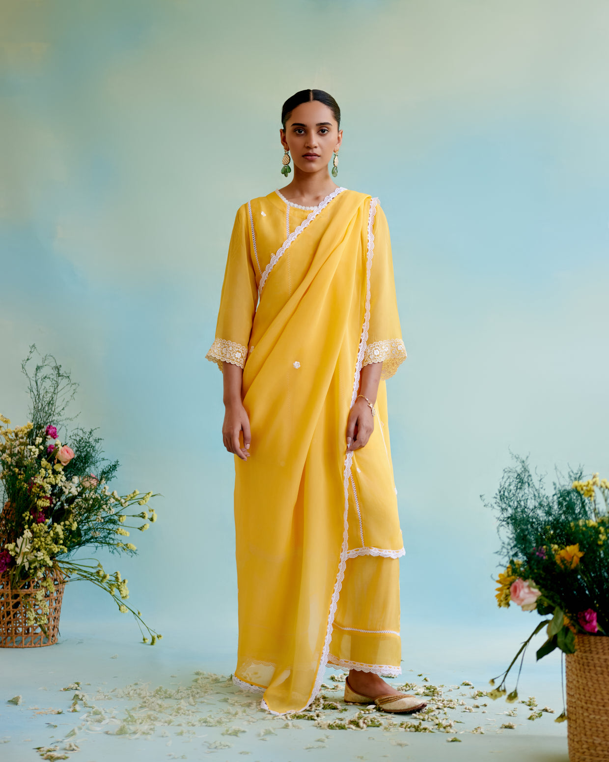 Misty Yellow Organza Dupatta with lace detailing