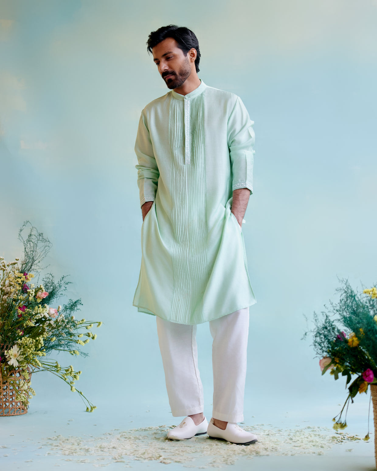 Minty Dream Chanderi Pintuck Embroidered kurta