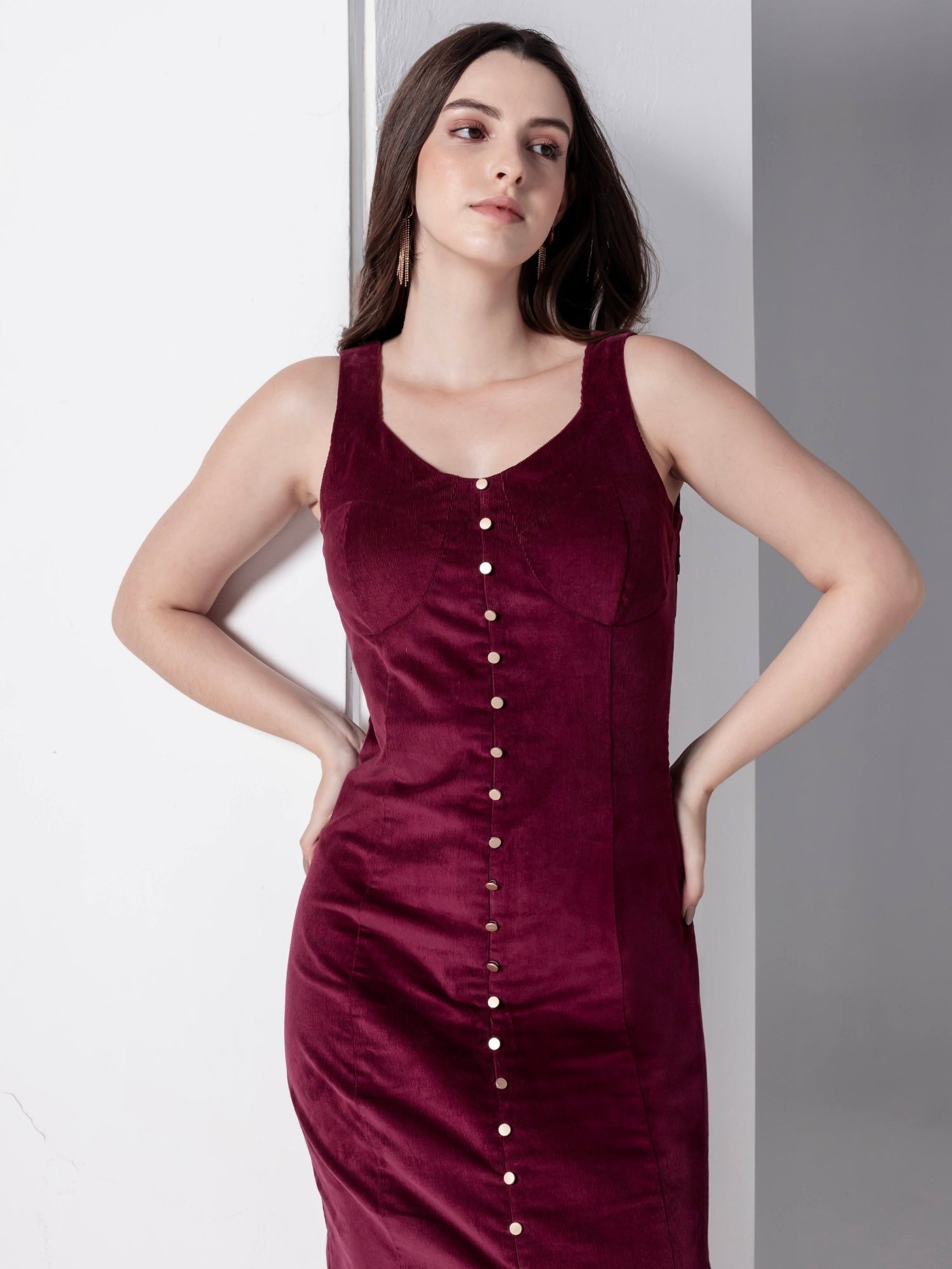 Bordeaux Bliss Corduroy Midi Dress