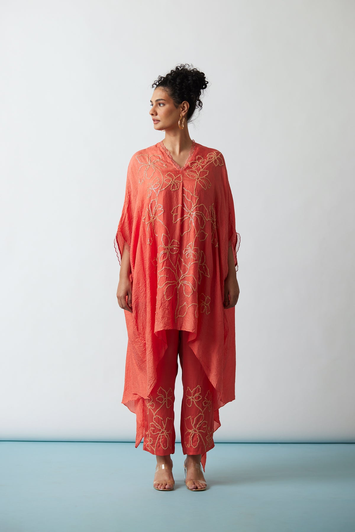 Coral Crushed silk Kaftan set