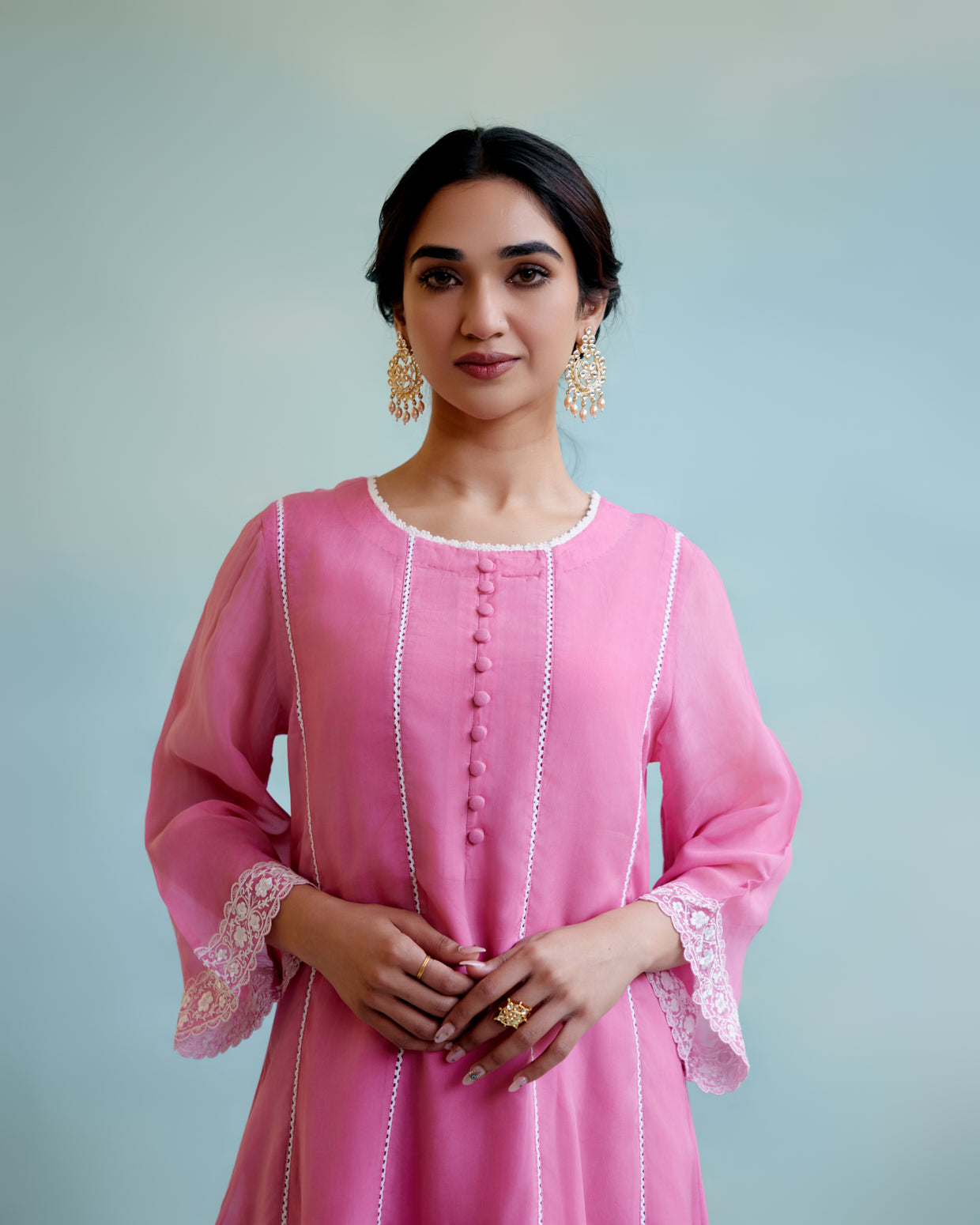 Blush Pink Organza Anarkali Kurta with Lace Detailing and Floral Embroidery