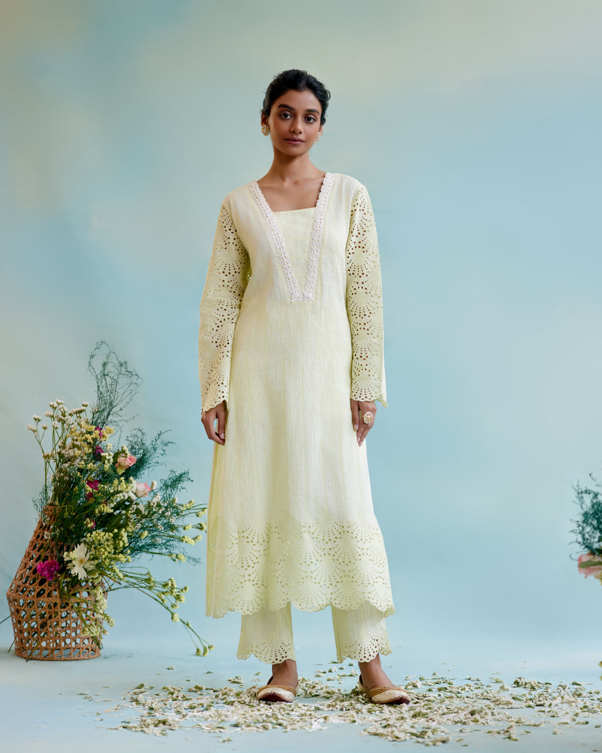 Yellow Petal Cotton Dobby Kurta with Cotton Dobbby Narrow Pants