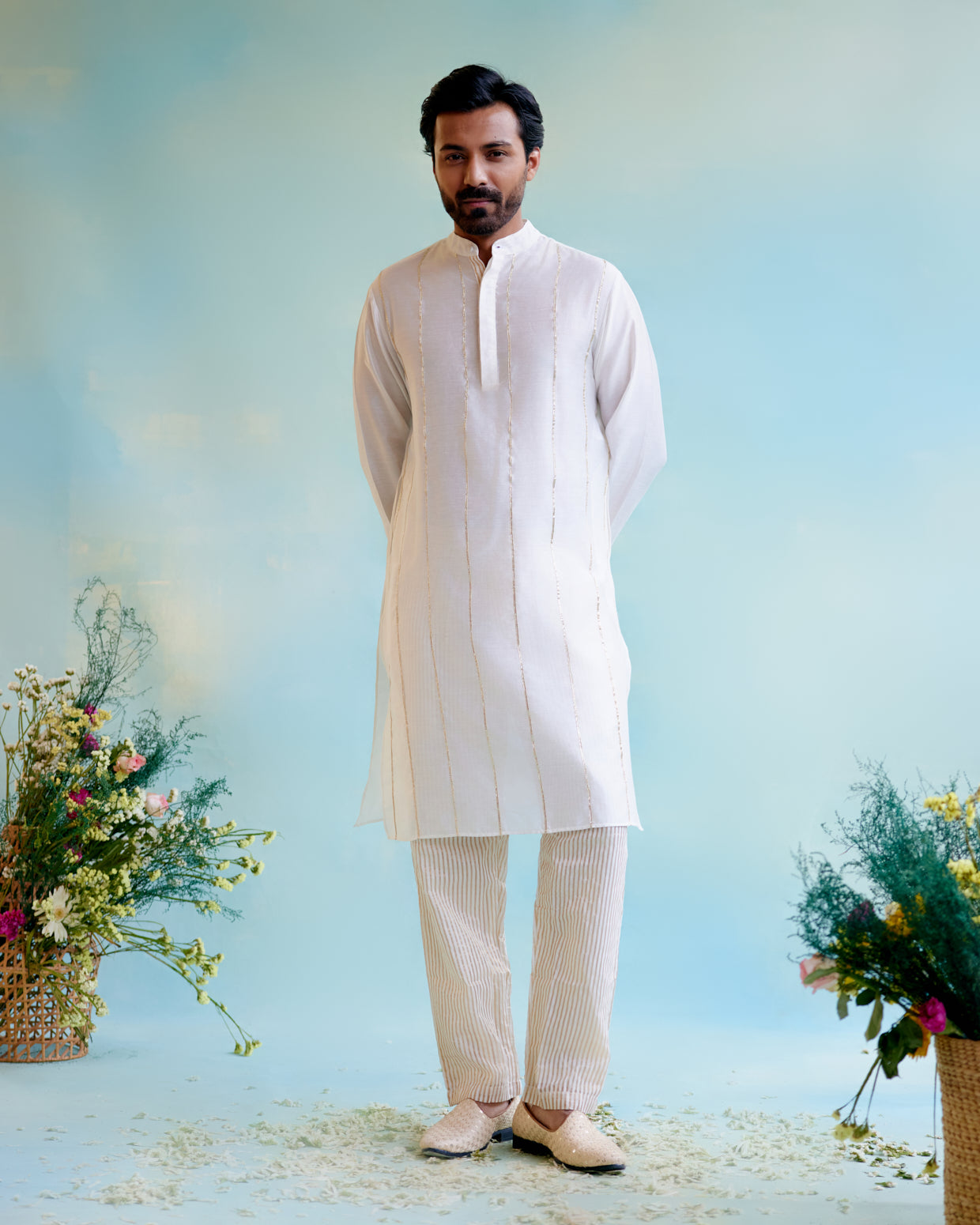 Ivory Lilac Chanderi Gota Kurta with Crushed Stripe Tissue Narrow Pants