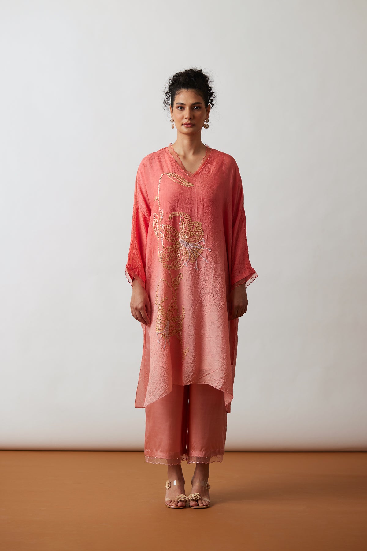 Coral Crushed silk Kaftan set