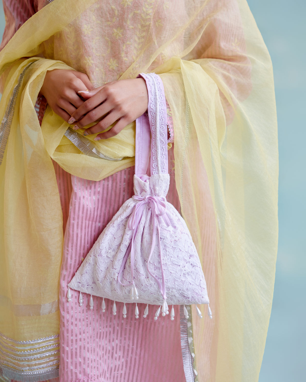 Pearl Lilac Potli Bag with beads hanging and lace detailing for women