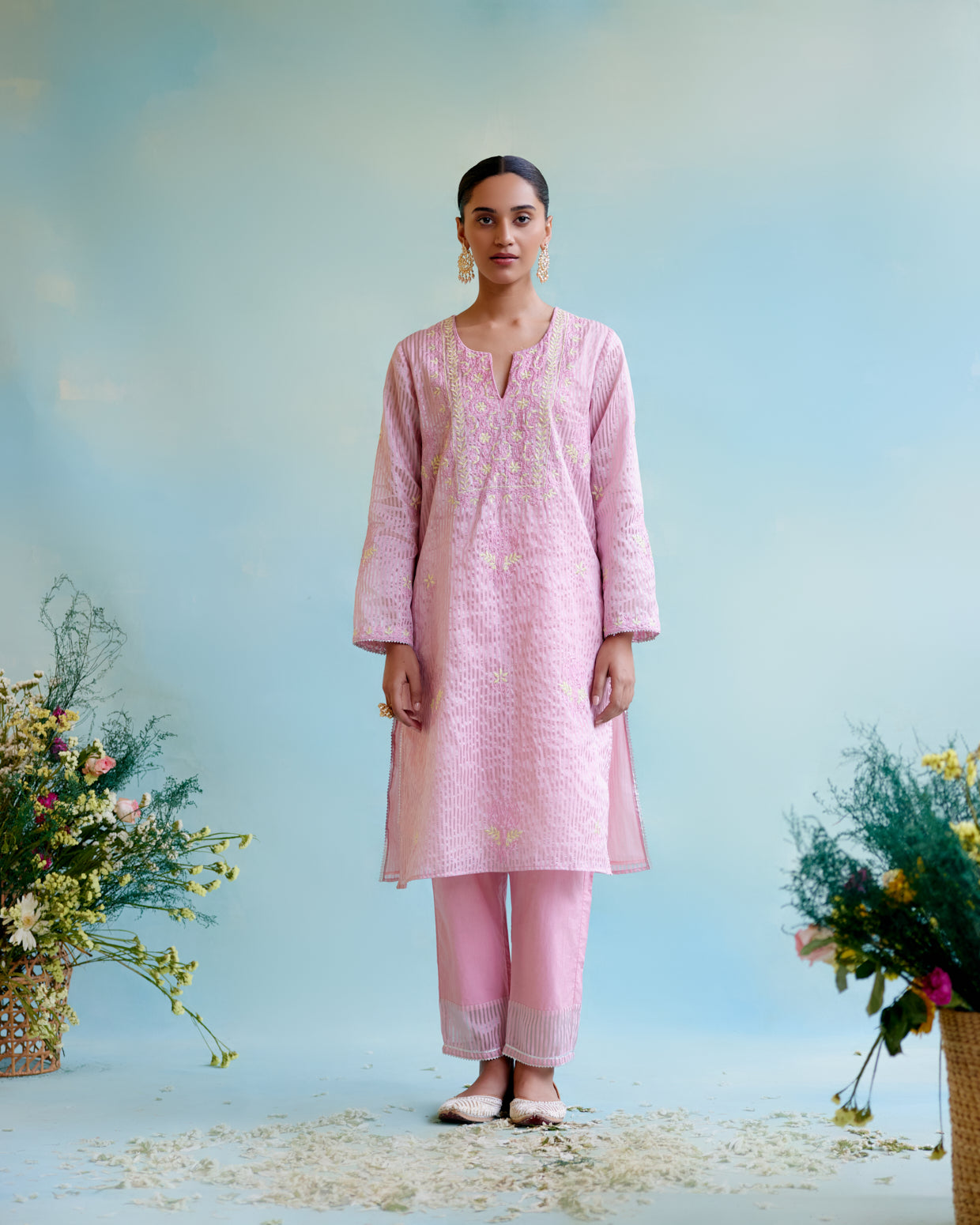 Pink Rose Crushed Stripe Tissue Kurta with Narrow Pants