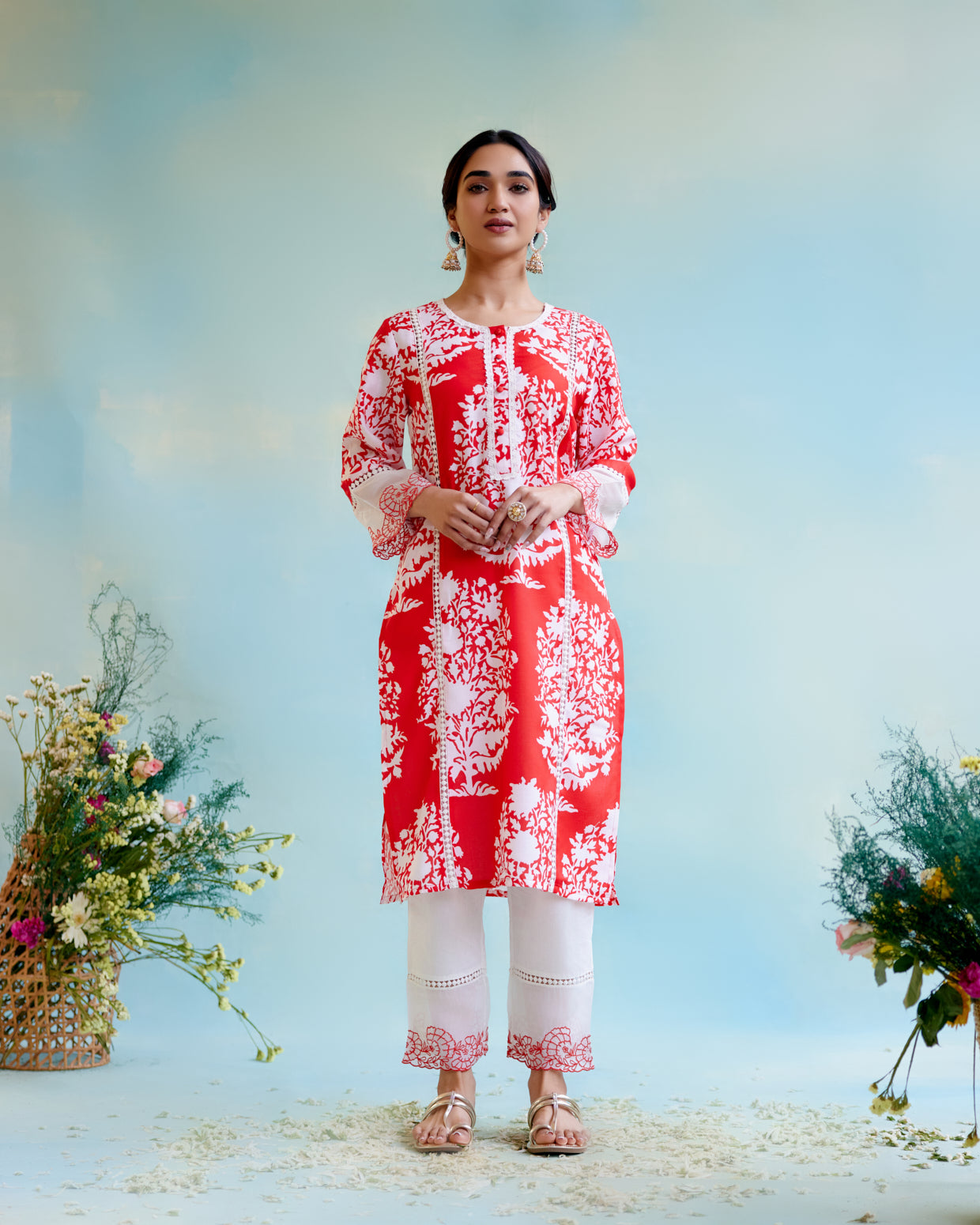 Hibiscus Floral Cotton Linen Kurta with Narrow Pants