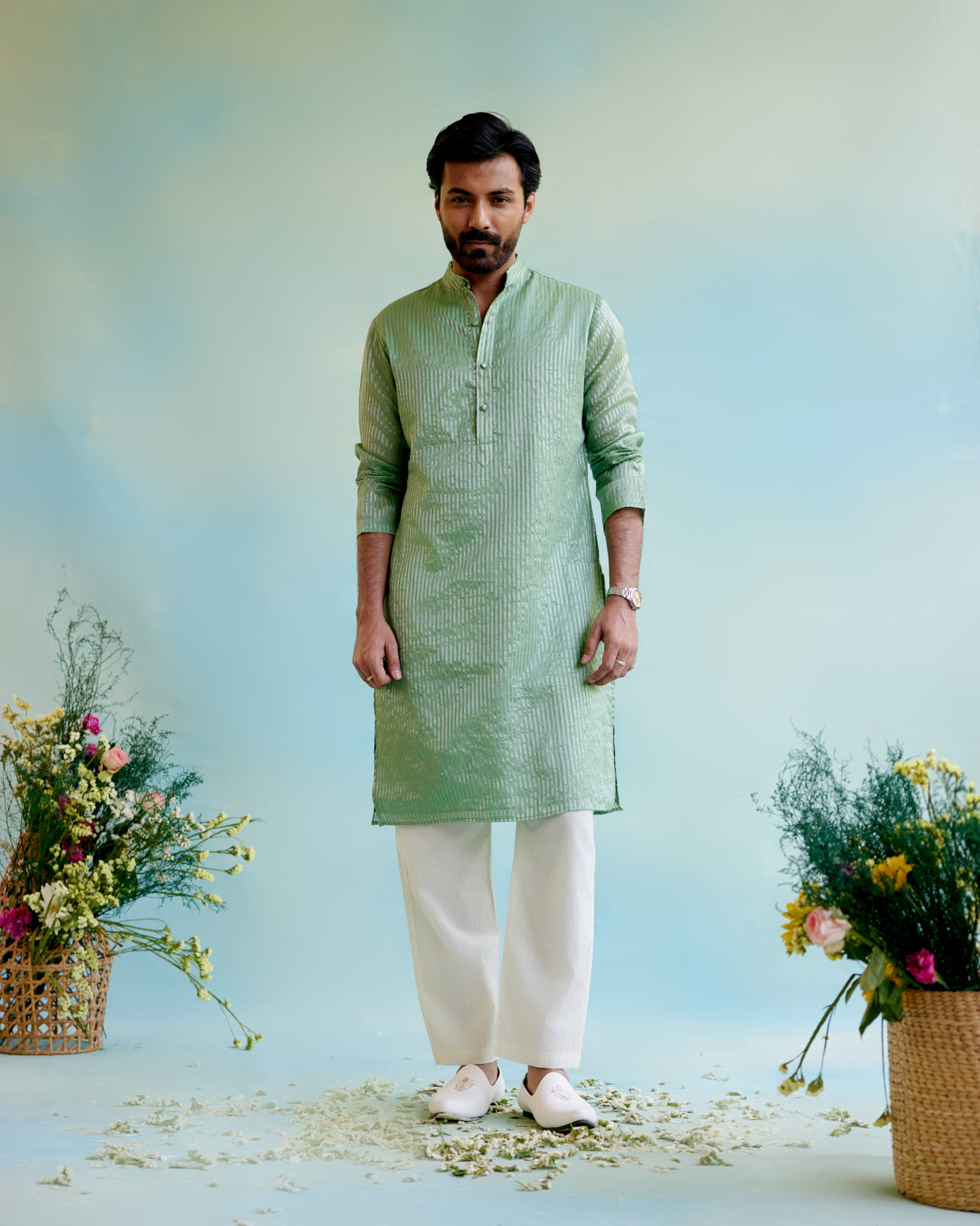 Mint Meadow Crushed Stripe Tissue Kurta