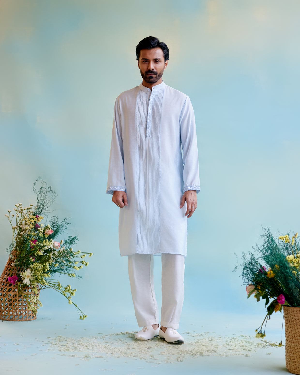 Blue Breeze Chanderi Pintuck Embroidered kurta with Chanderi Narrow Pants