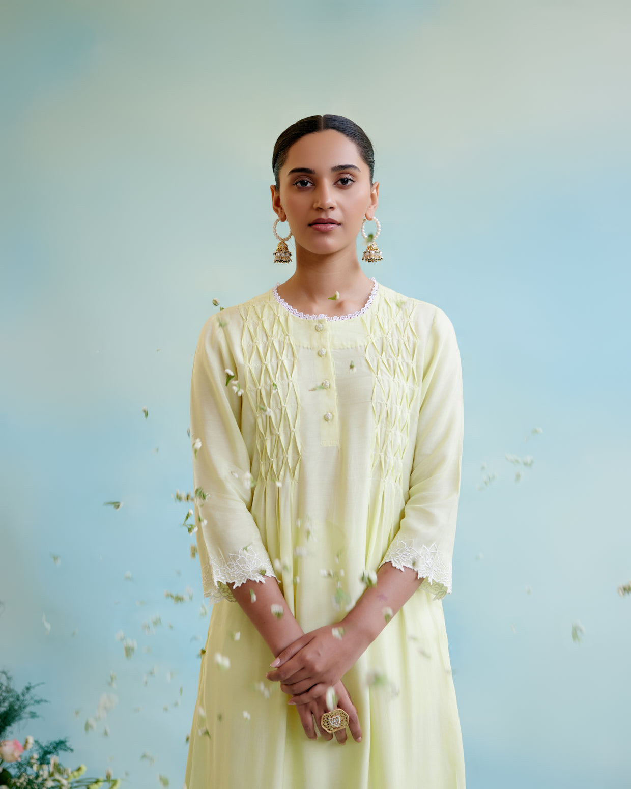 Sunny Lime Pearl Kurta in Silky Modal with Delicate Lace Detaling